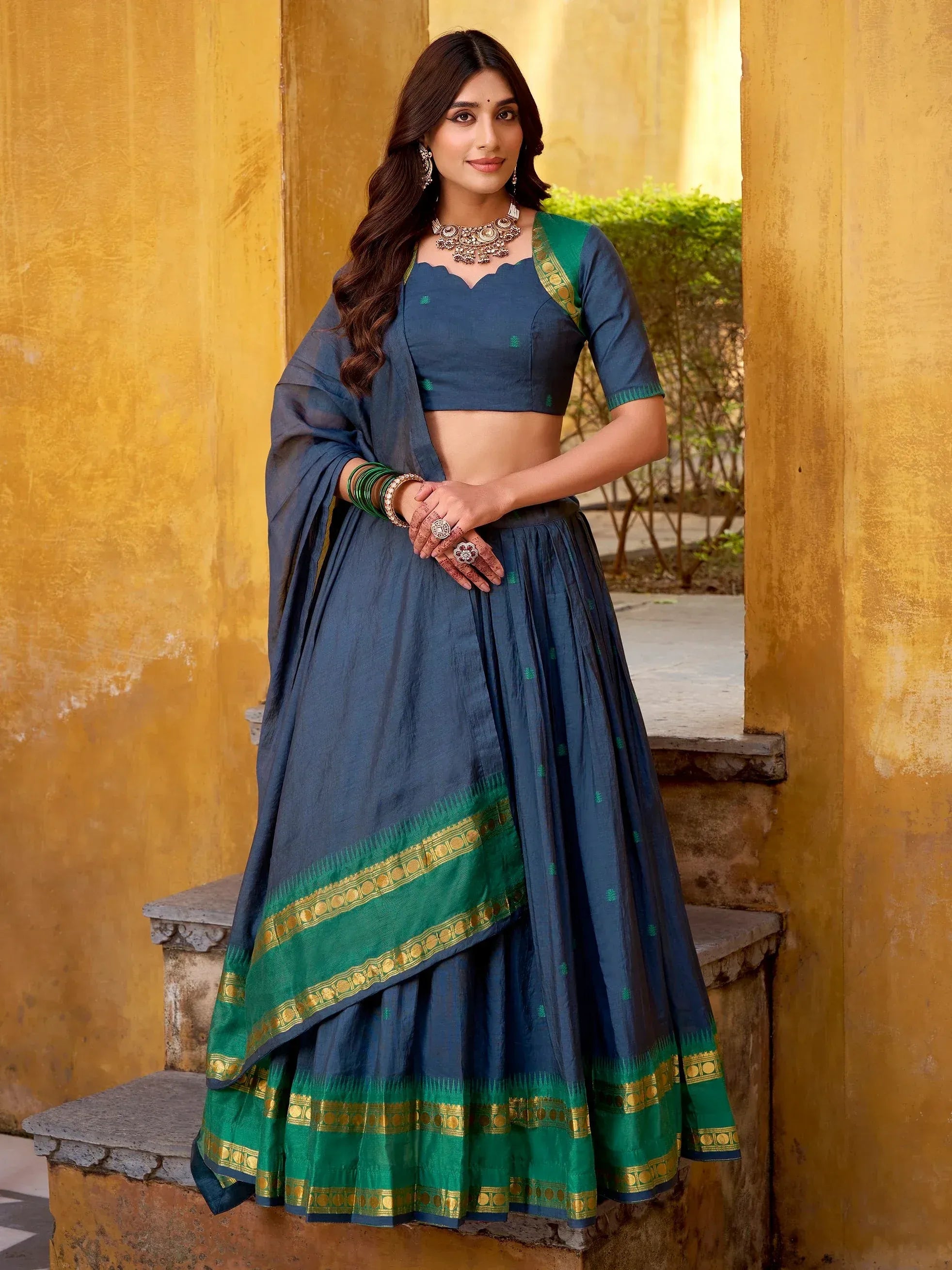 Wonderful Navy Blue Zari Weaving Chanderi Event Wear Half Saree Lehenga