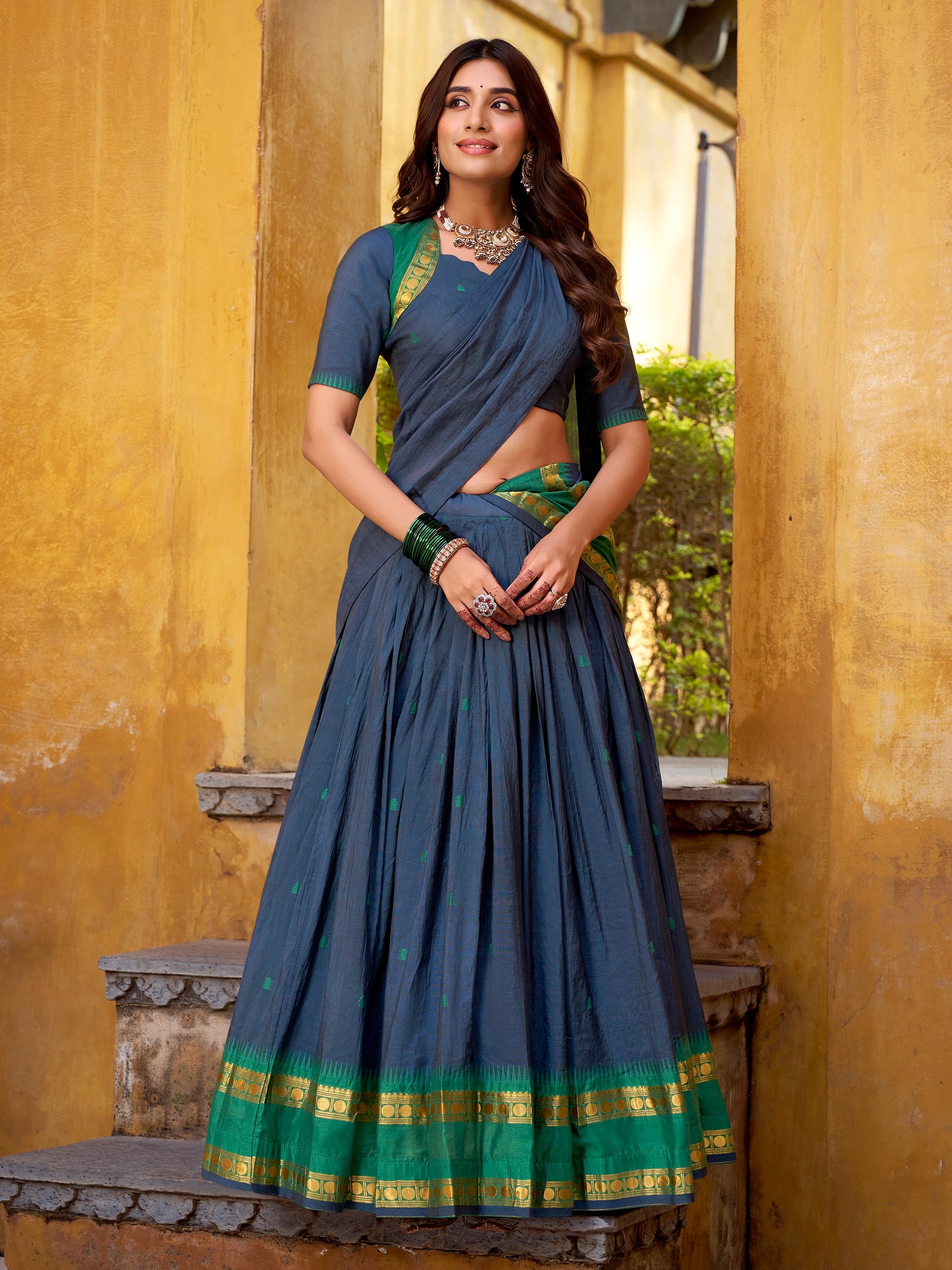 Wonderful Navy Blue Zari Weaving Chanderi Event Wear Half Saree Lehenga
