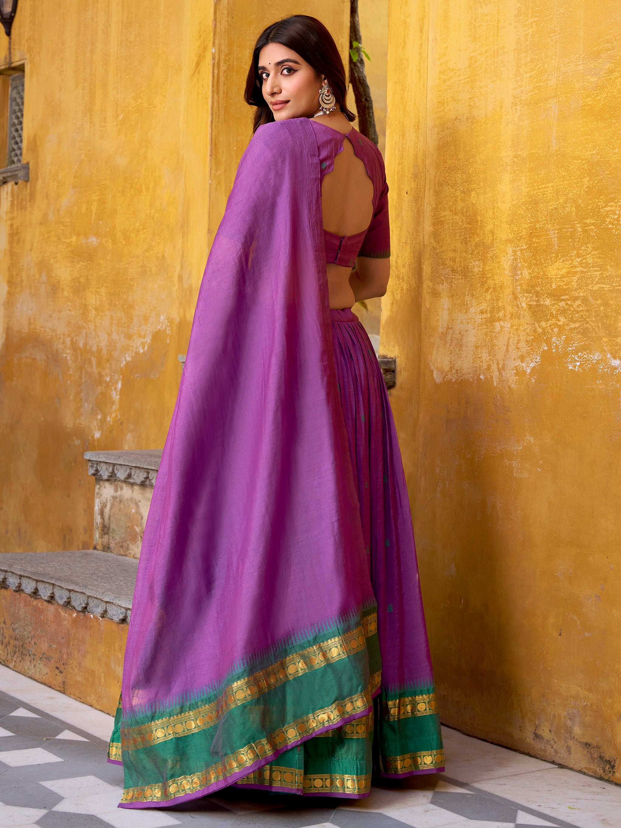 Stunning Purple Zari Weaving Chanderi Traditional Half Saree Lehenga