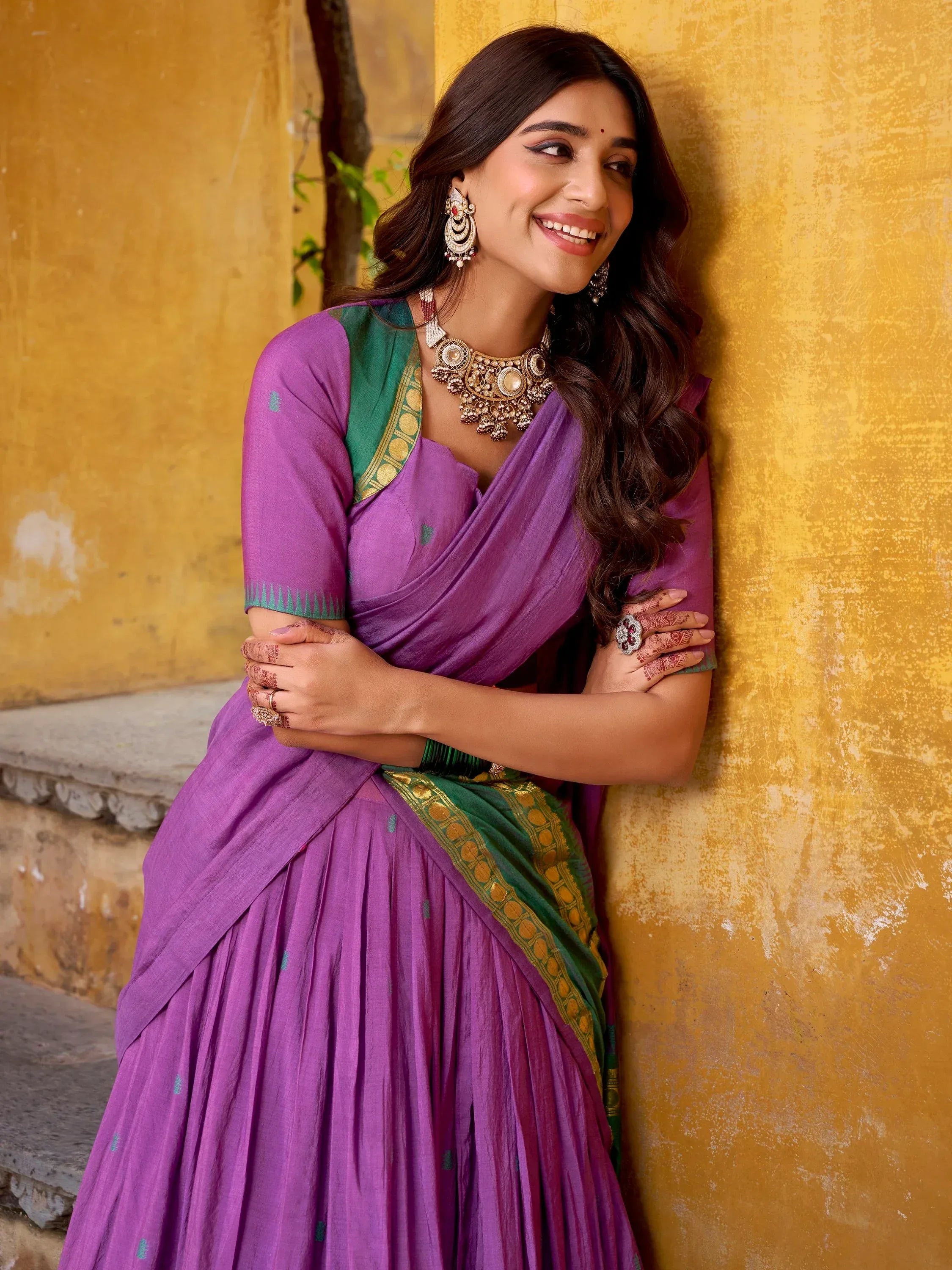 Stunning Purple Zari Weaving Chanderi Traditional Half Saree Lehenga