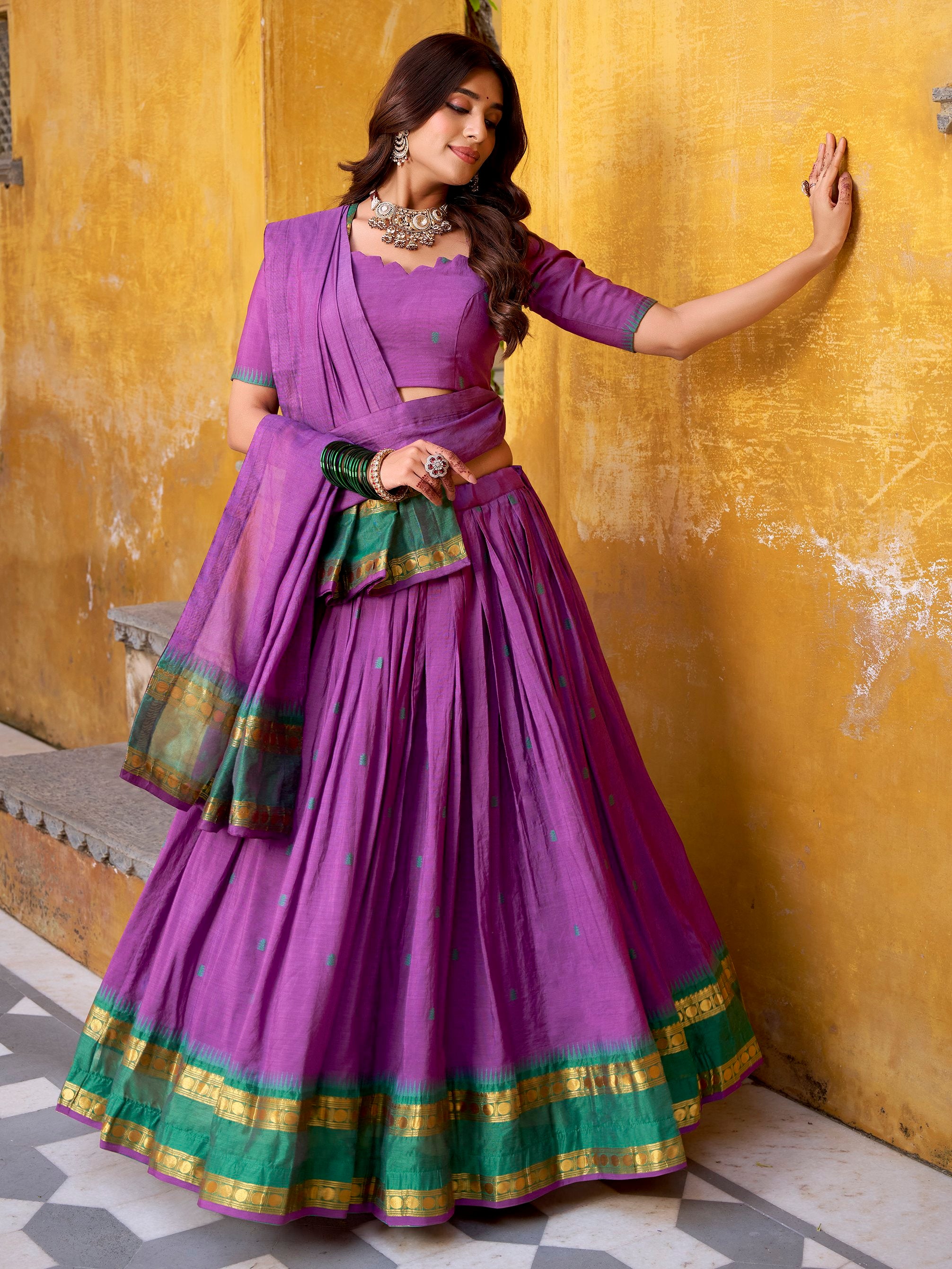 Stunning Purple Zari Weaving Chanderi Traditional Half Saree Lehenga