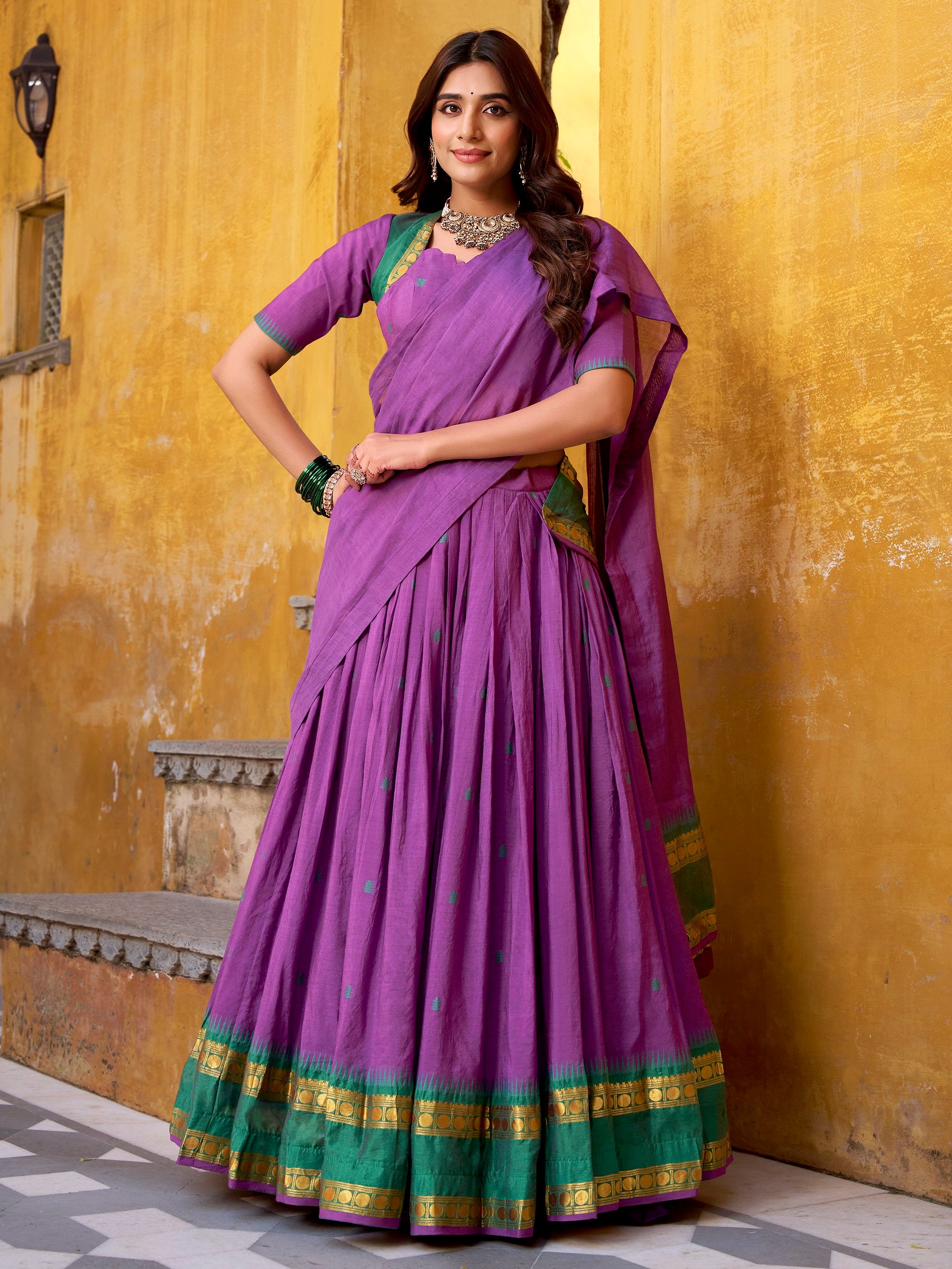Stunning Purple Zari Weaving Chanderi Traditional Half Saree Lehenga
