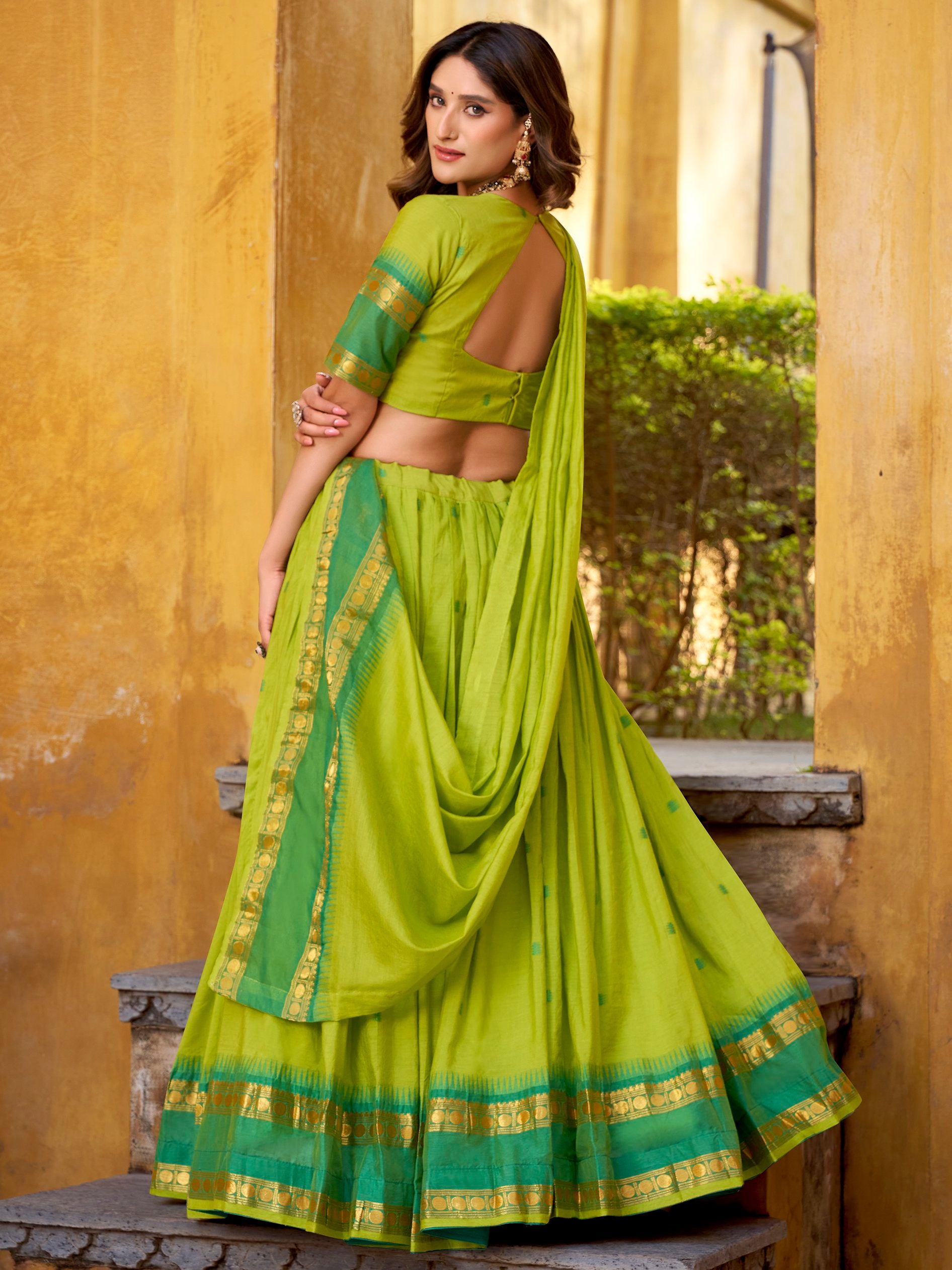 Terrific Green Zari Weaving Chanderi Event Wear Half Saree Lehenga