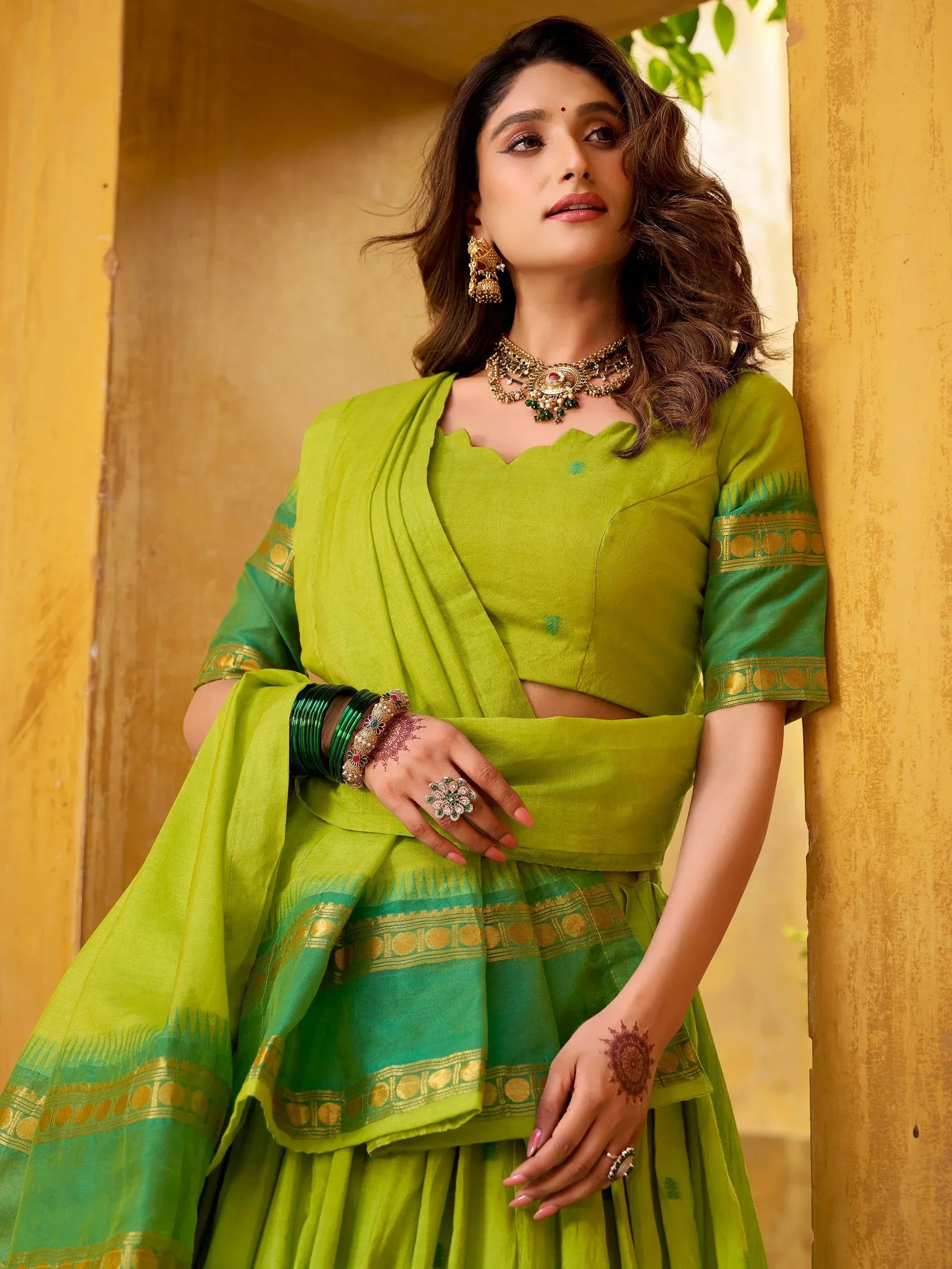 Terrific Green Zari Weaving Chanderi Event Wear Half Saree Lehenga