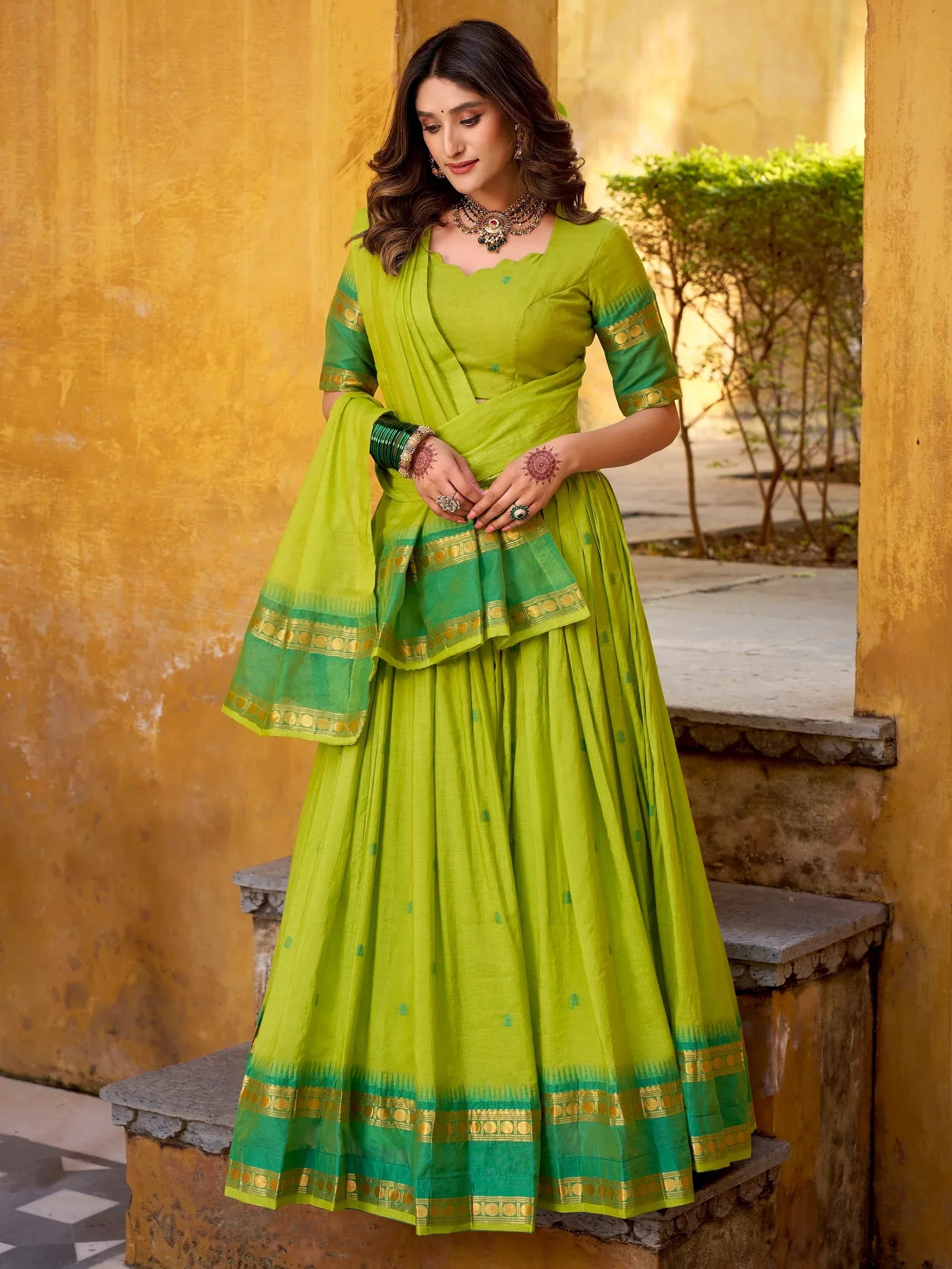 Terrific Green Zari Weaving Chanderi Event Wear Half Saree Lehenga
