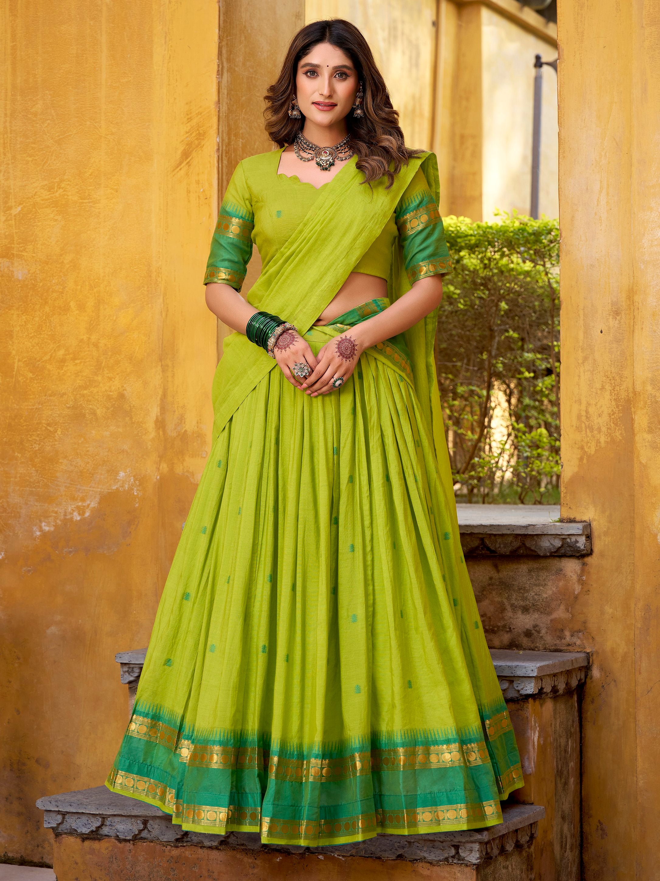 Terrific Green Zari Weaving Chanderi Event Wear Half Saree Lehenga