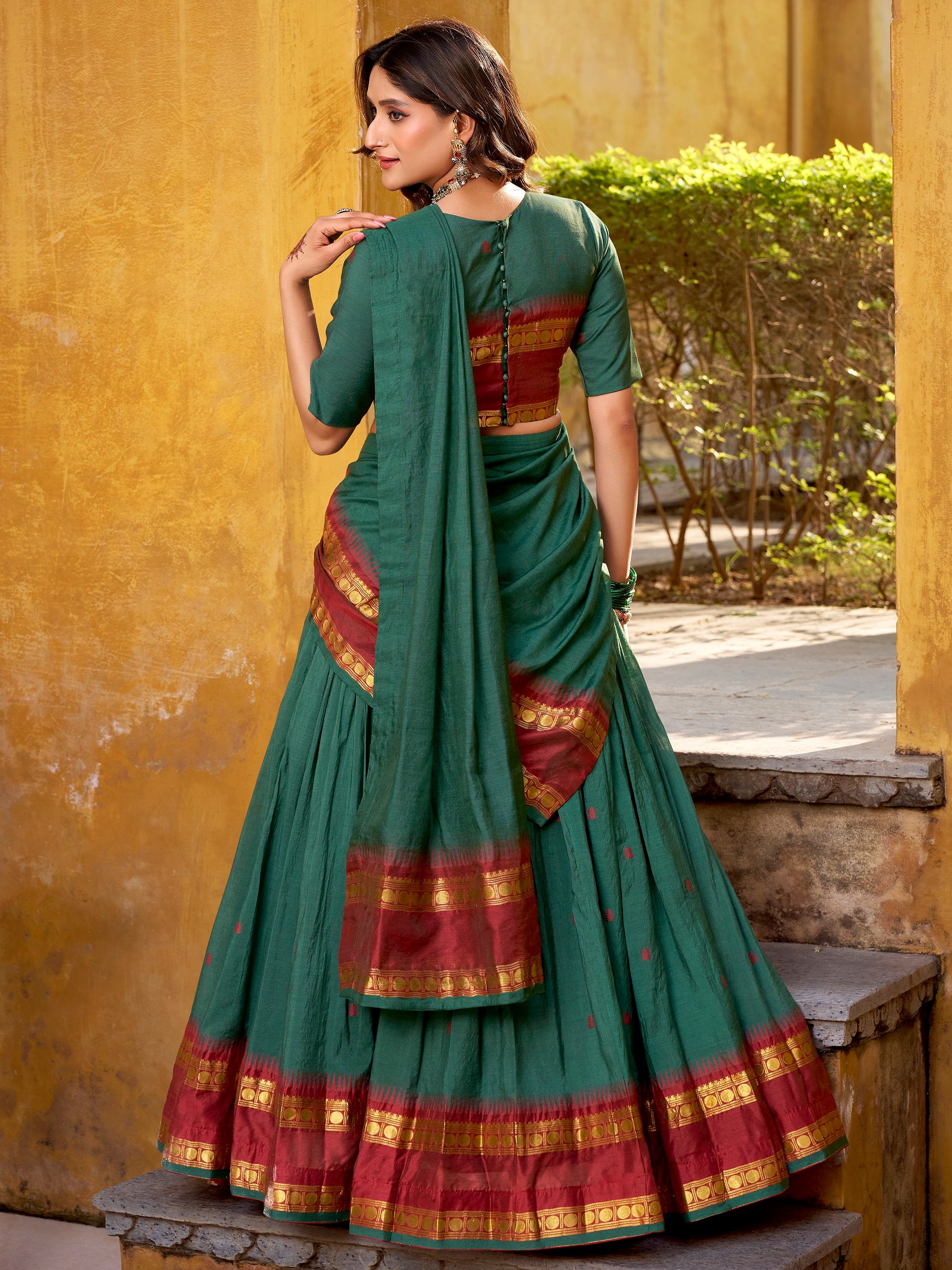 Fabulous Teal Green Zari Weaving Chanderi Mehendi Wear Half Saree Lehenga