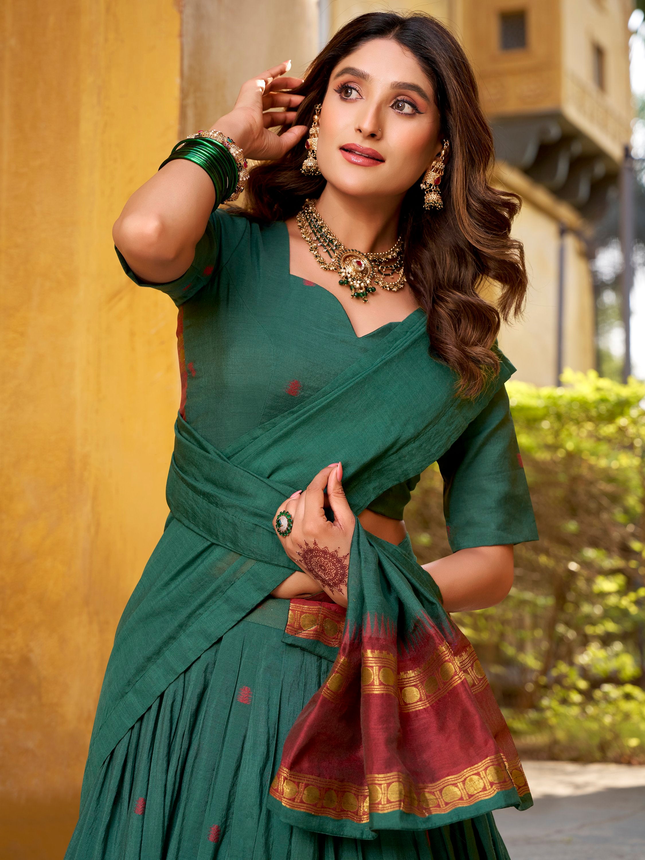 Fabulous Teal Green Zari Weaving Chanderi Mehendi Wear Half Saree Lehenga