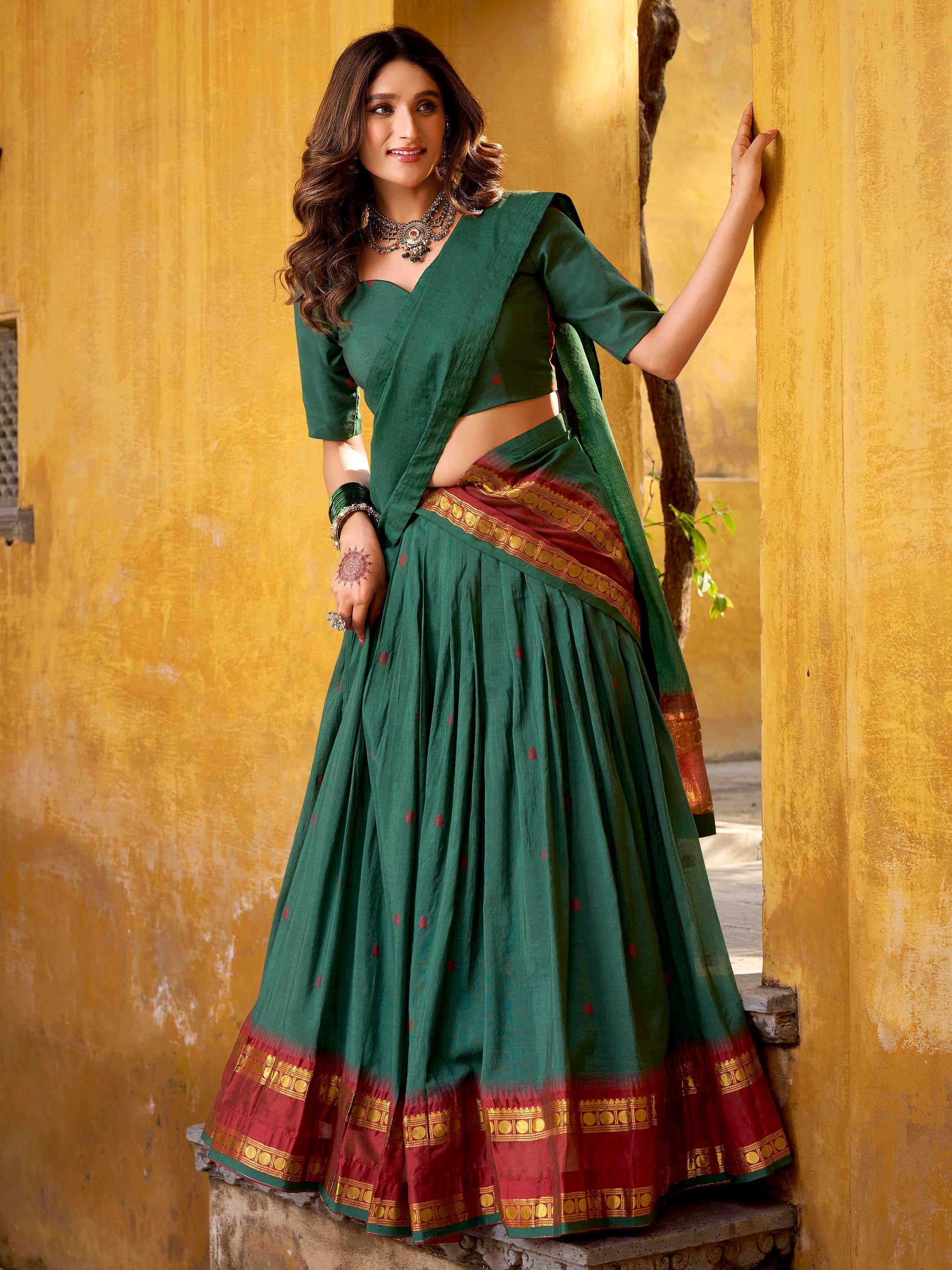 Fabulous Teal Green Zari Weaving Chanderi Mehendi Wear Half Saree Lehenga
