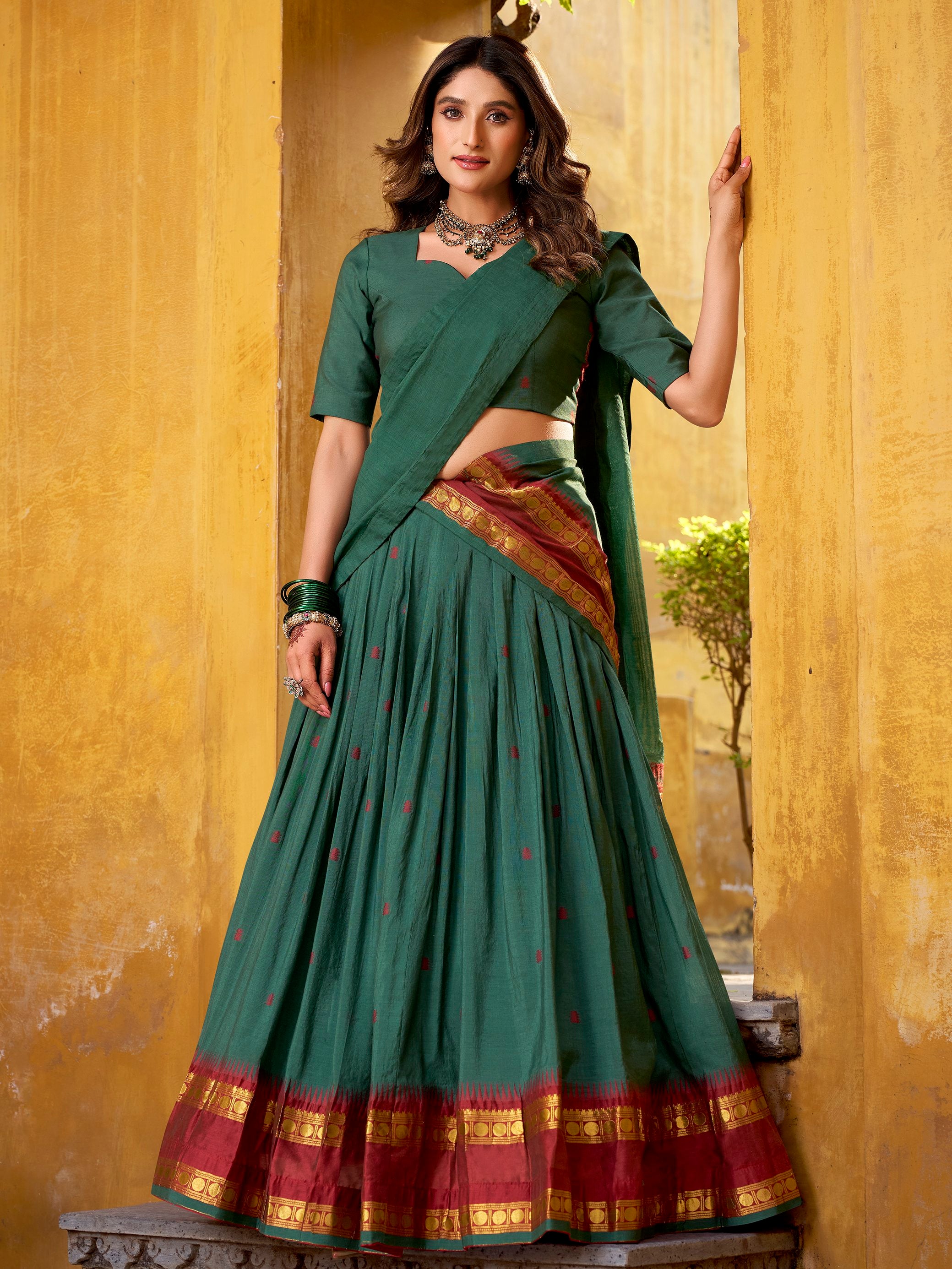 Fabulous Teal Green Zari Weaving Chanderi Mehendi Wear Half Saree Lehenga