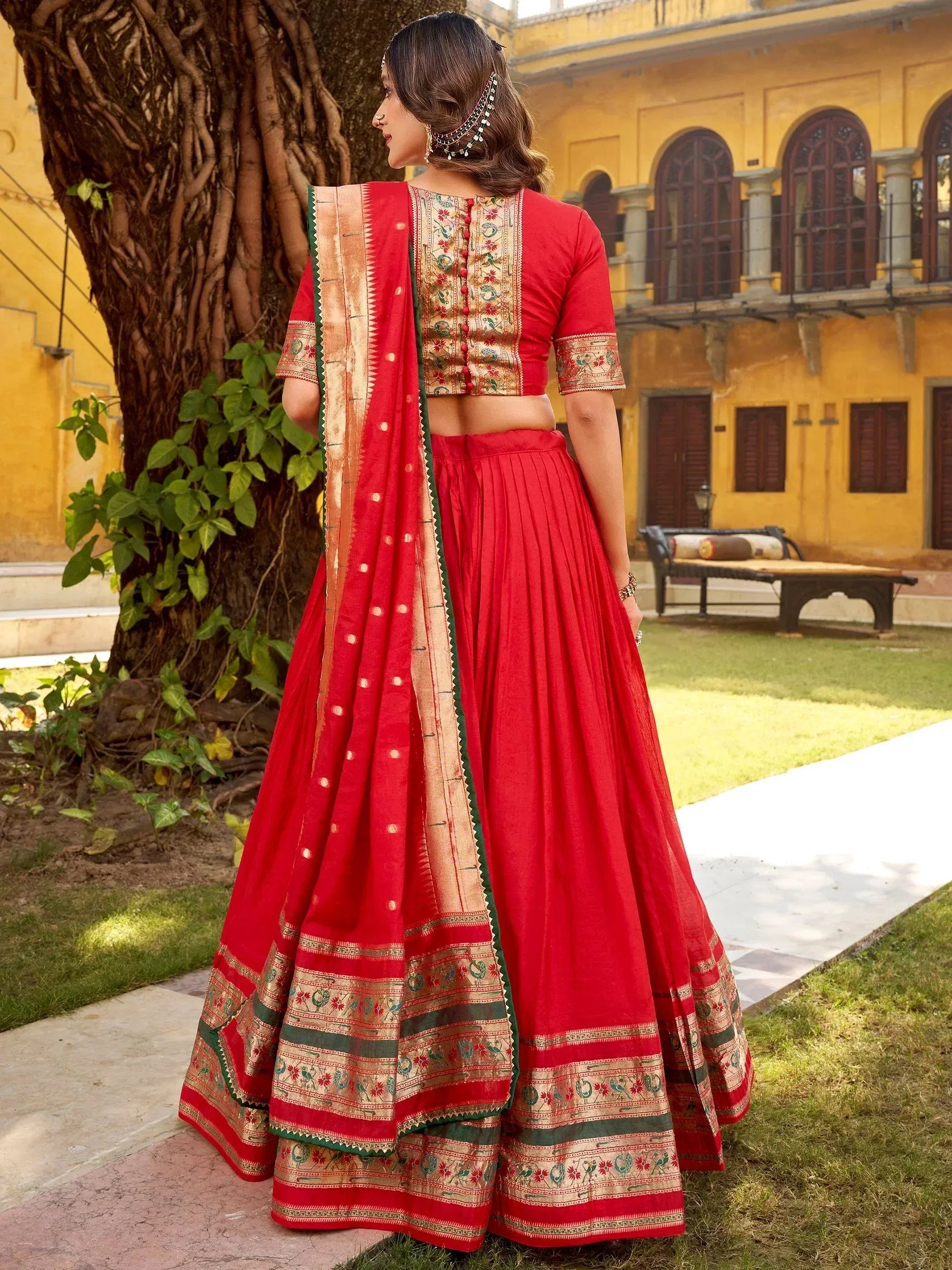 Glowing Red Zari Weaving Chanderi Festival Wear Half Saree Lehenga