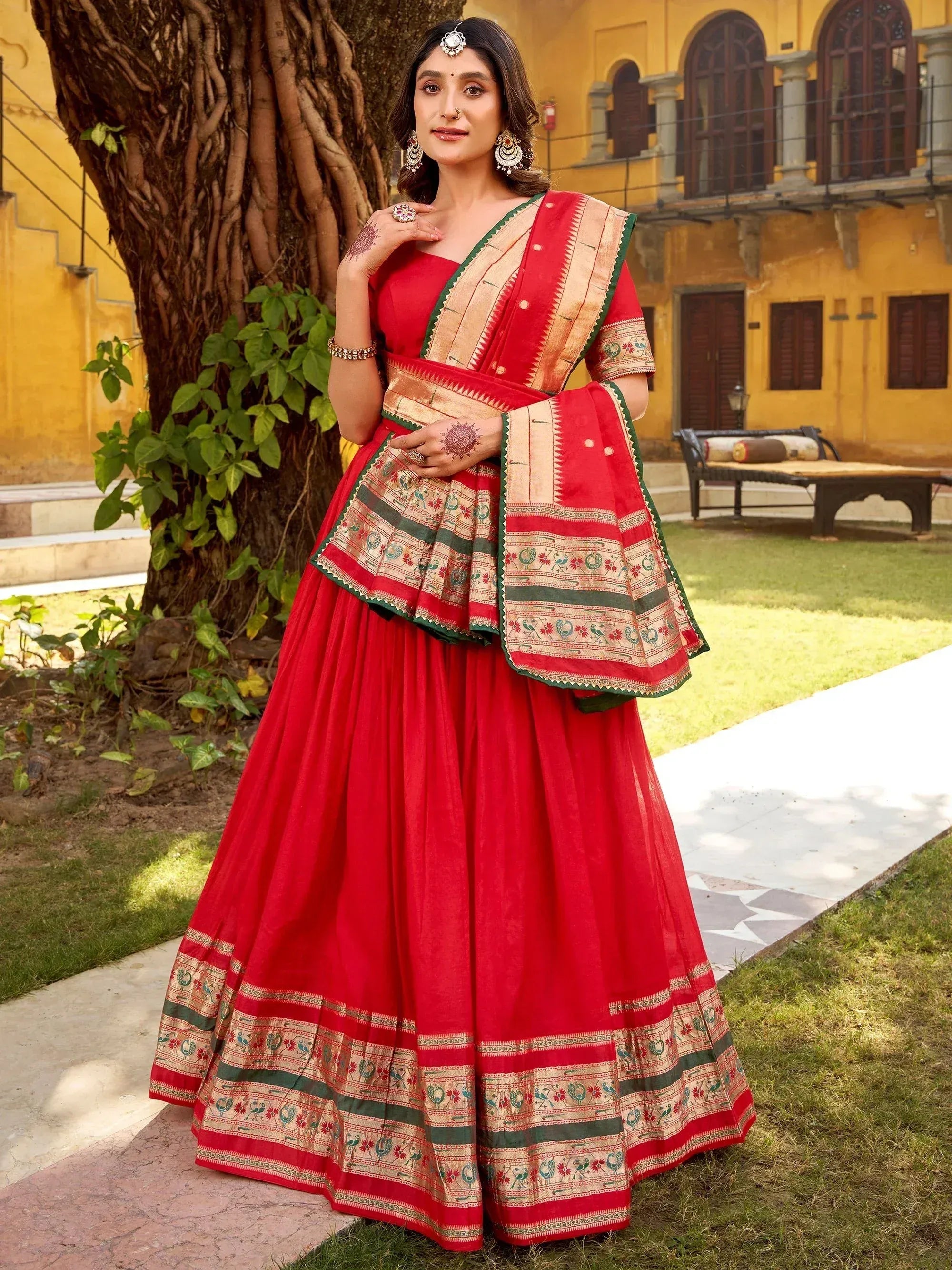 Glowing Red Zari Weaving Chanderi Festival Wear Half Saree Lehenga