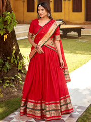 Glowing Red Zari Weaving Chanderi Festival Wear Half Saree Lehenga