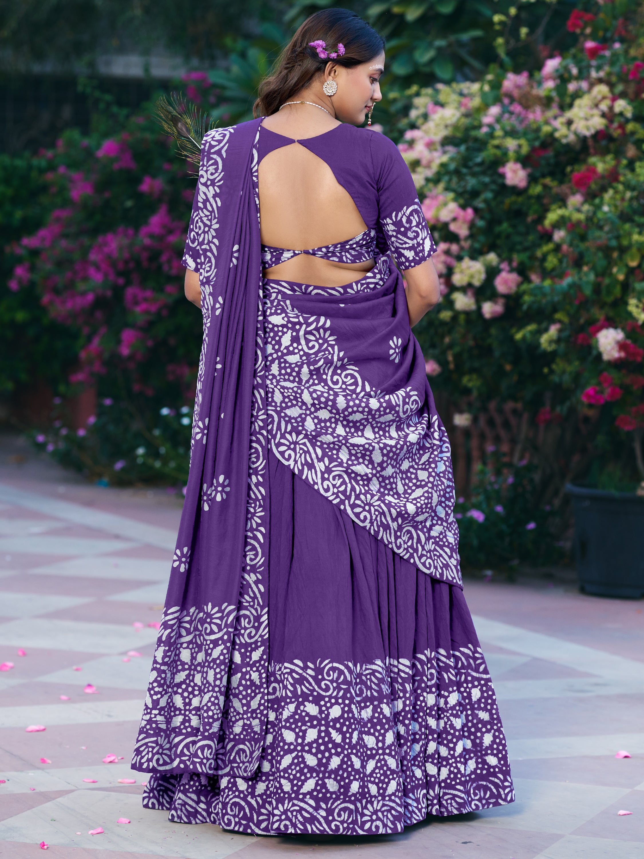Lovely Purple Batik Print Chanderi Marriage Wear Half Saree Lehenga
