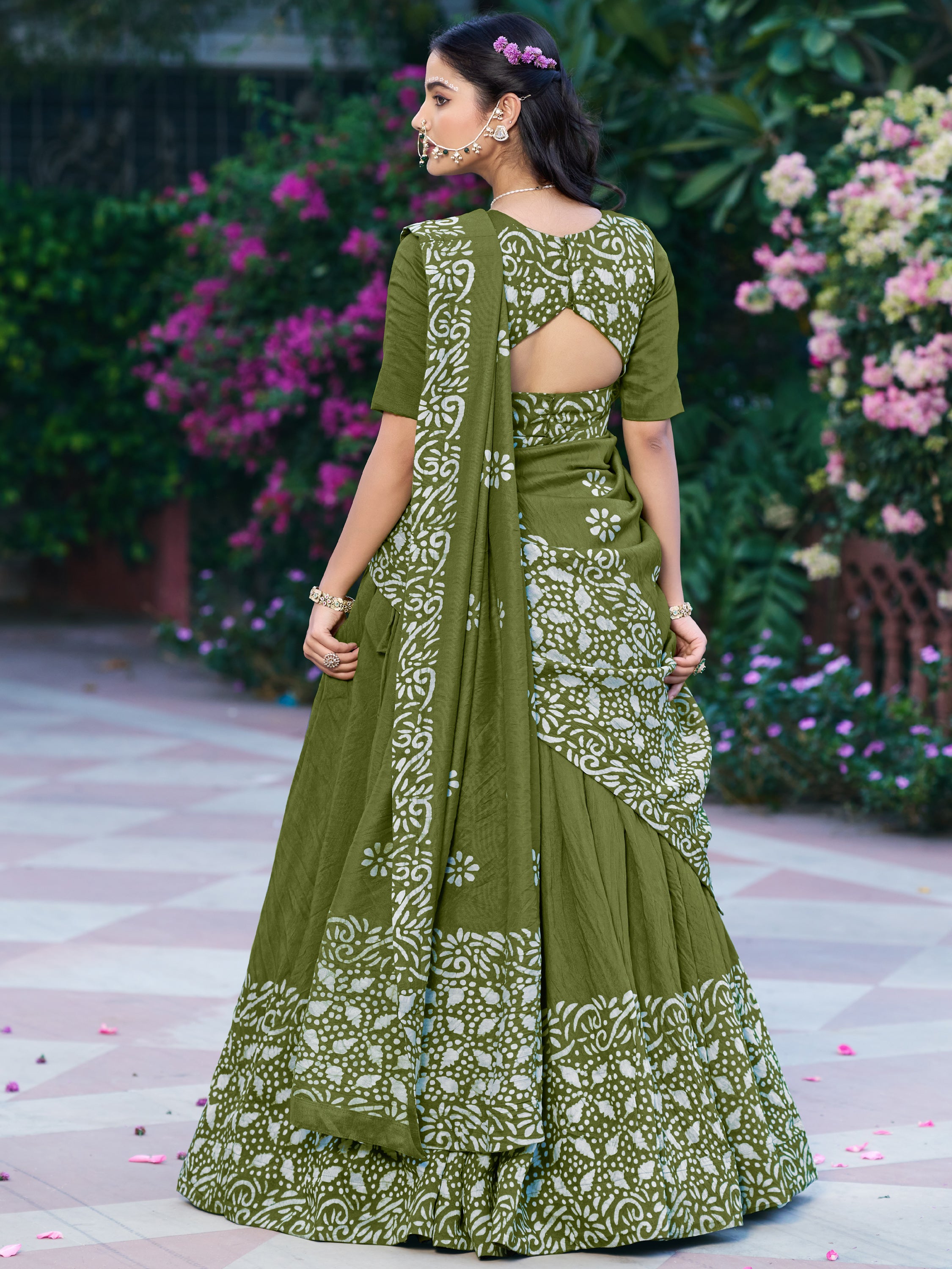 Elegant Olive Green Batik Print Chanderi Function Wear Half Saree Lehenga