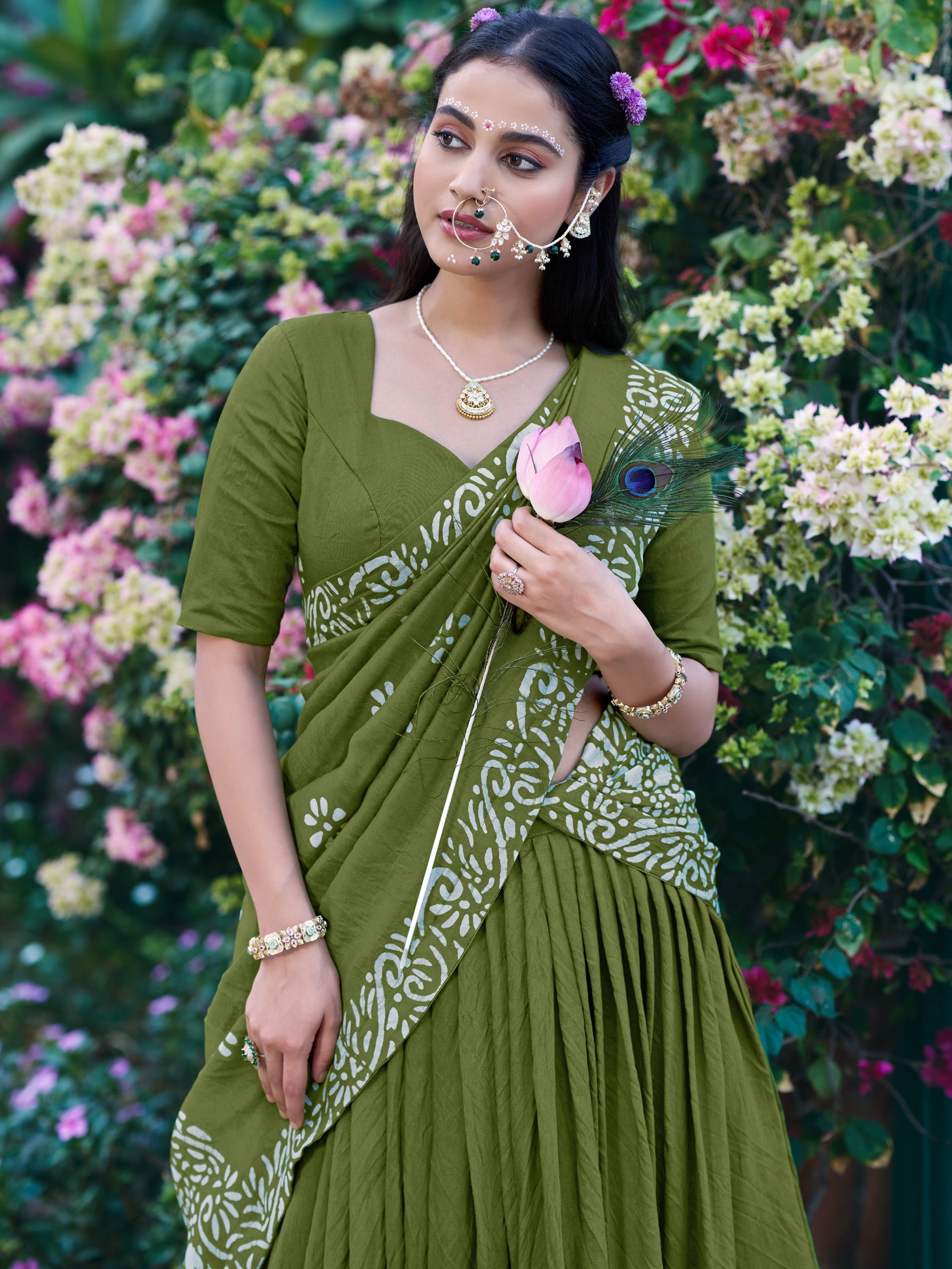 Elegant Olive Green Batik Print Chanderi Function Wear Half Saree Lehenga