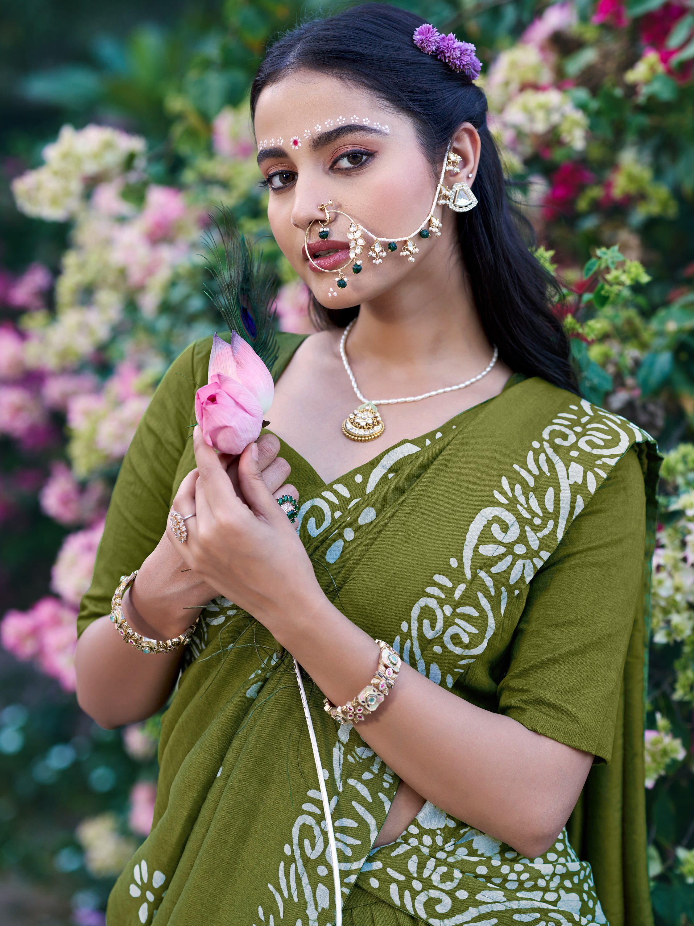 Elegant Olive Green Batik Print Chanderi Function Wear Half Saree Lehenga