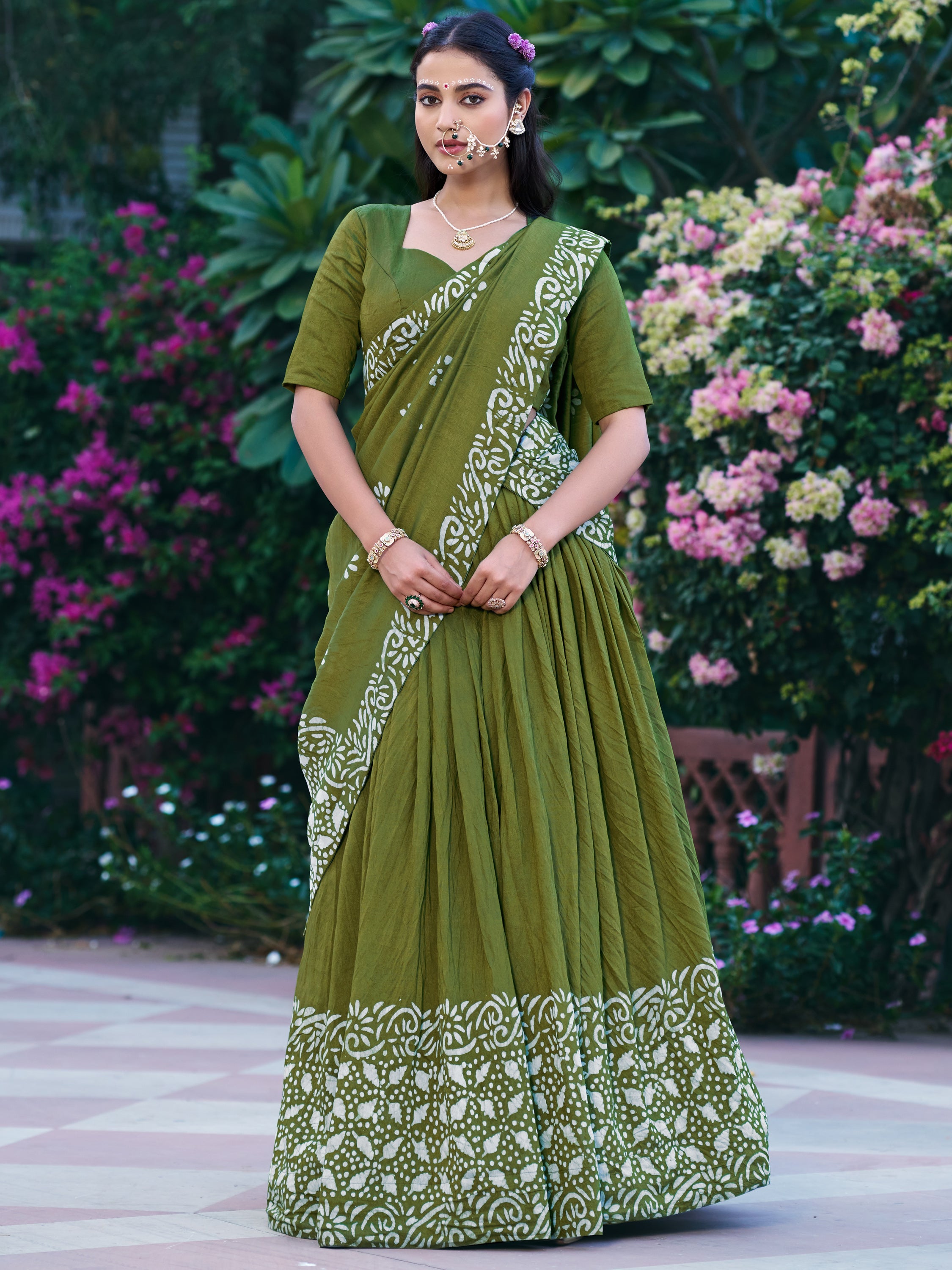 Elegant Olive Green Batik Print Chanderi Function Wear Half Saree Lehenga