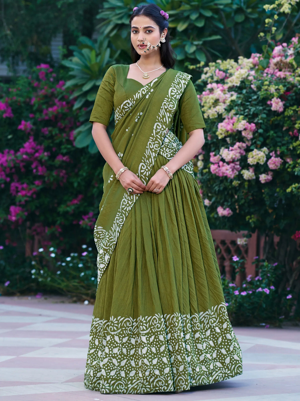 Elegant Olive Green Batik Print Chanderi Function Wear Half Saree Lehenga
