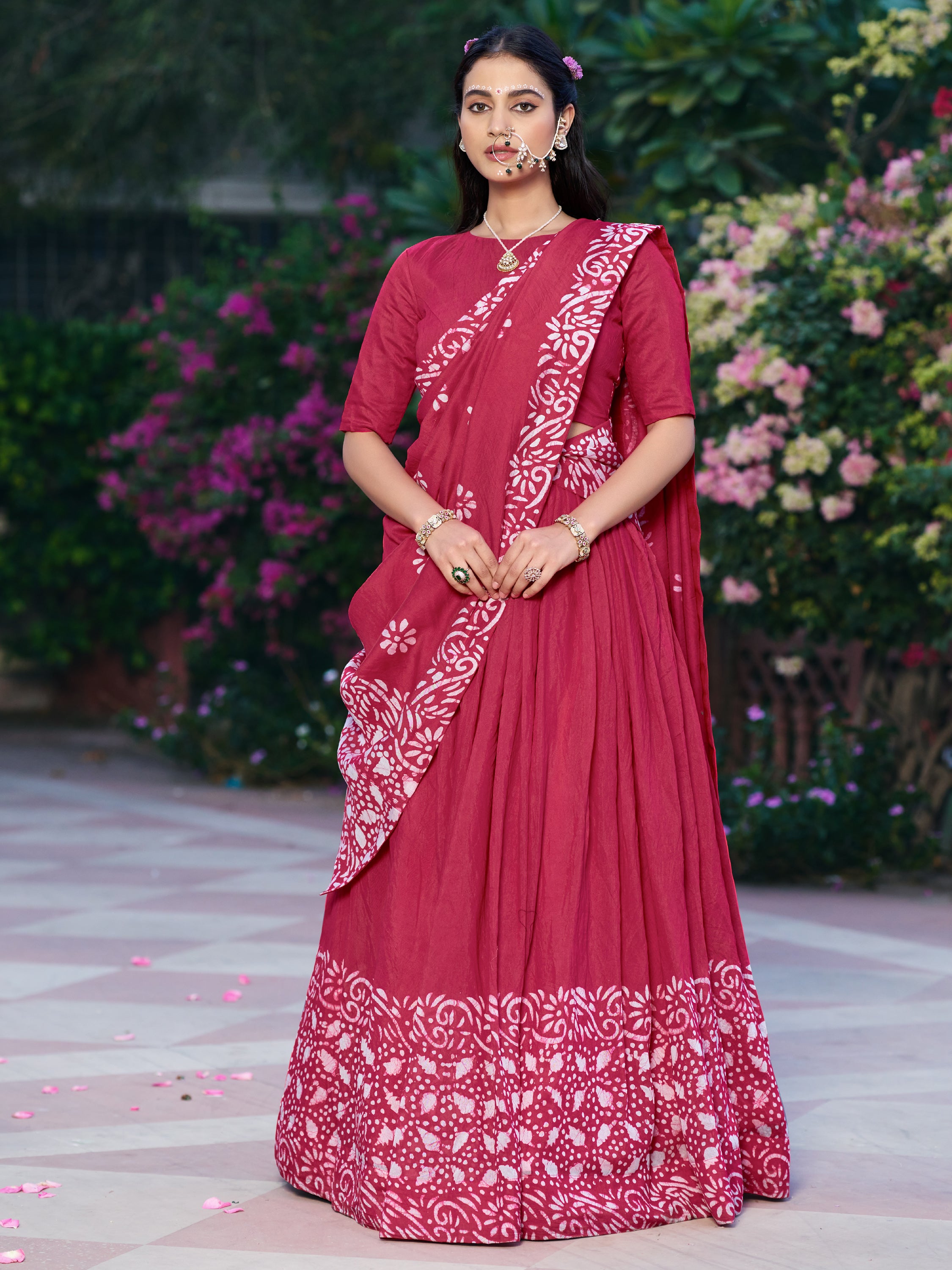 Astonishing Pink Batik Print Chanderi Event Wear Half Saree Lehenga