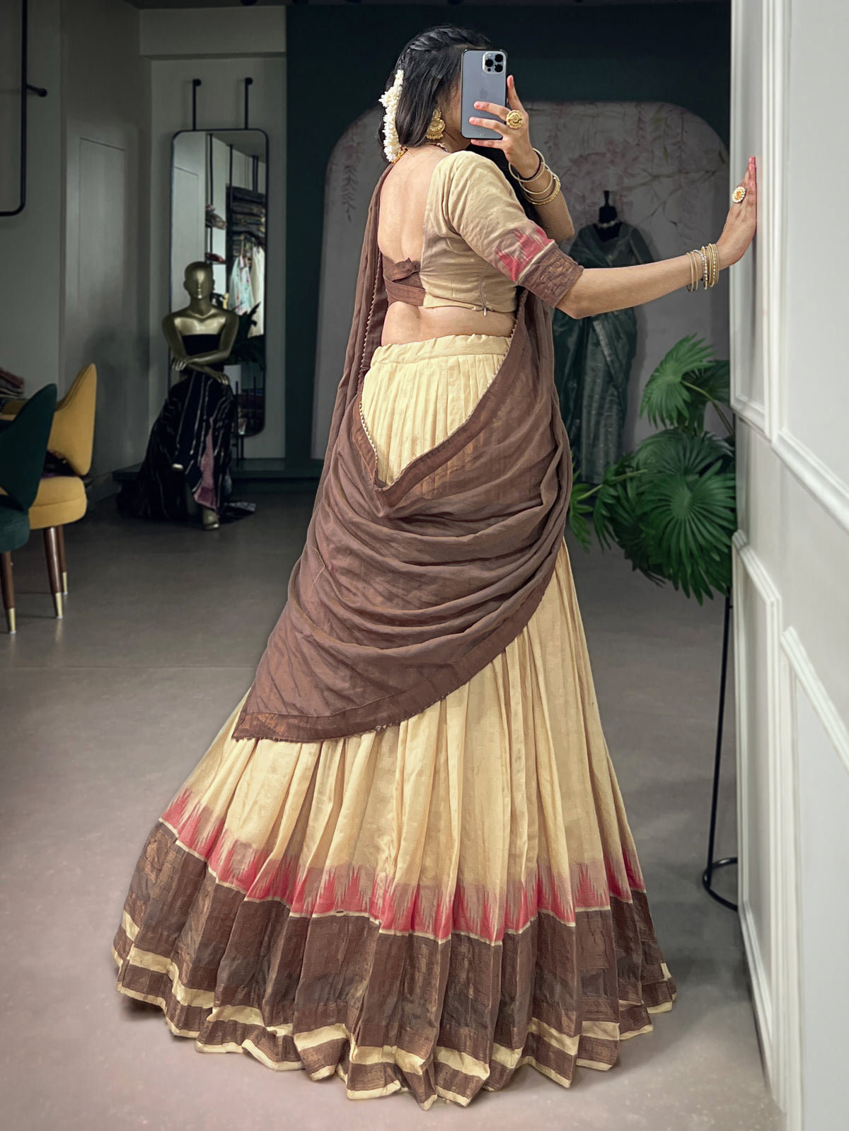 Precious Beige Weaving Border Cotton Function Wear Half Saree Lehenga