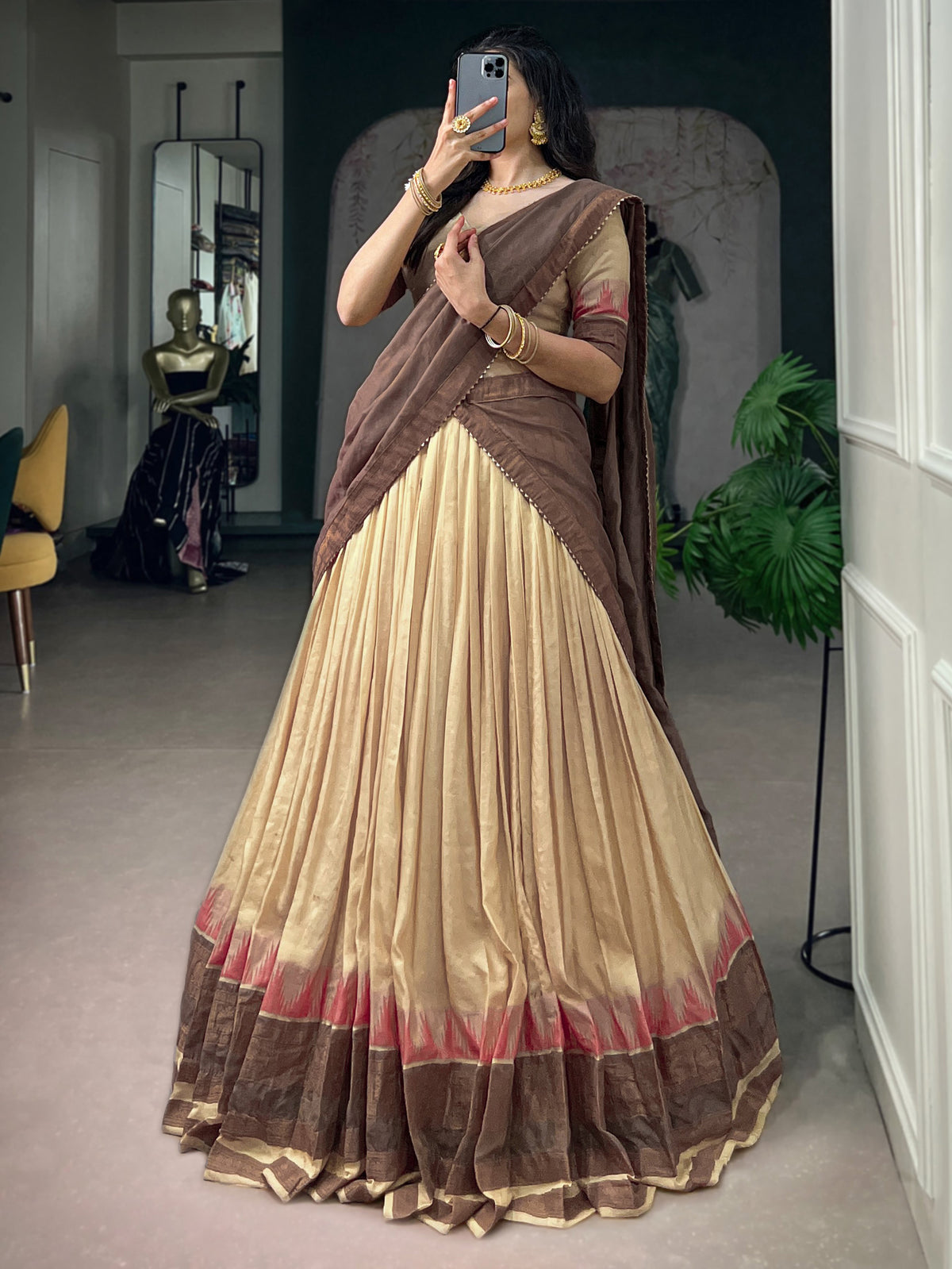 Precious Beige Weaving Border Cotton Function Wear Half Saree Lehenga