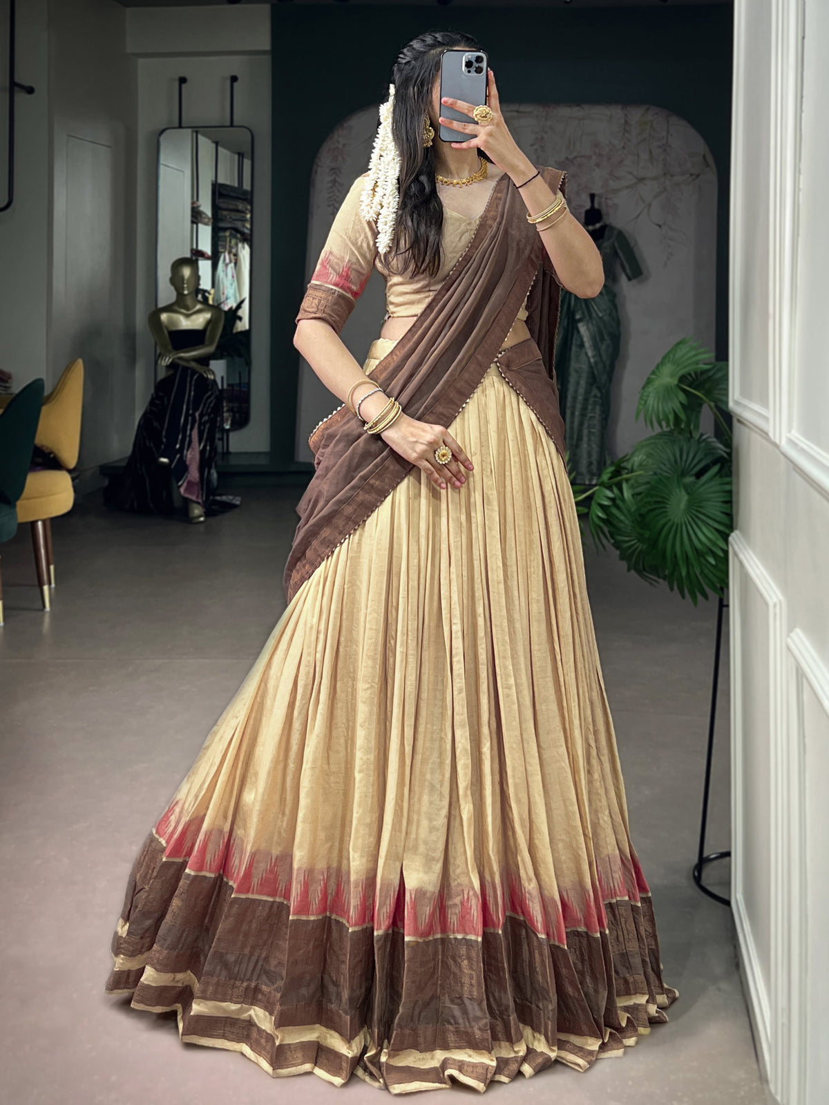 Precious Beige Weaving Border Cotton Function Wear Half Saree Lehenga