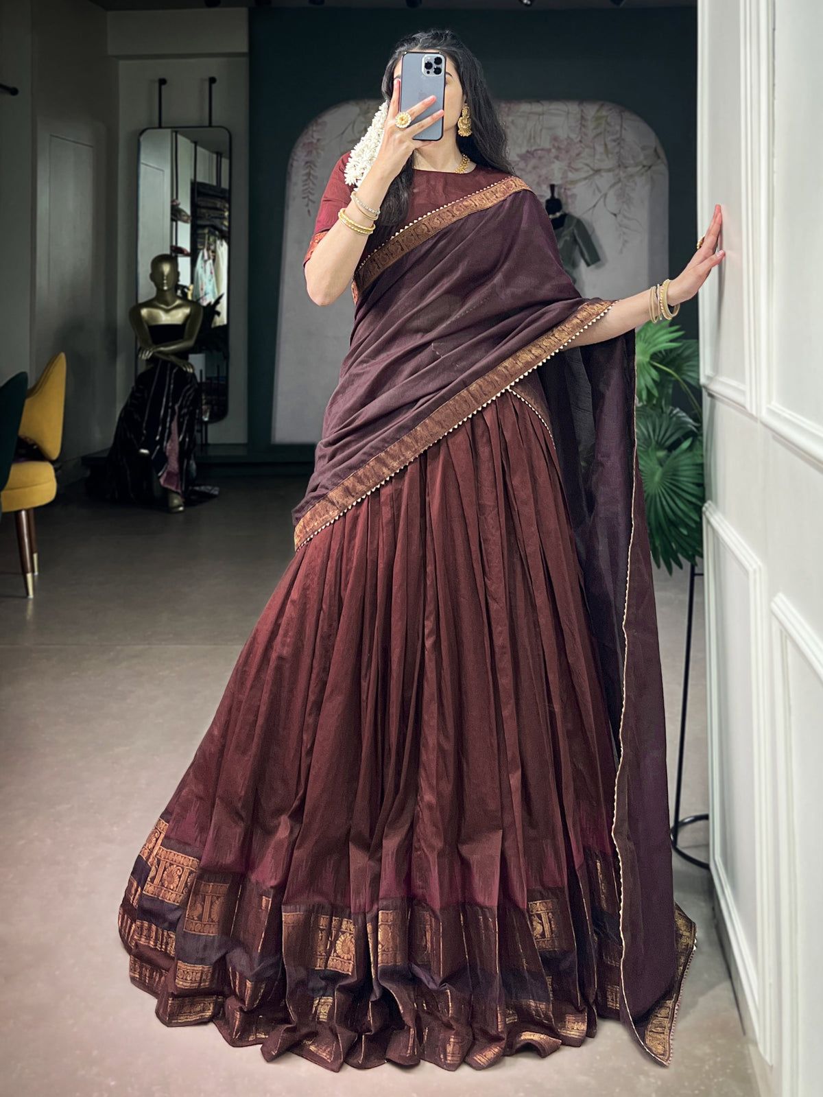 Fabulous Maroon Zari Weaving Cotton Marriage Wear Half Saree Lehenga