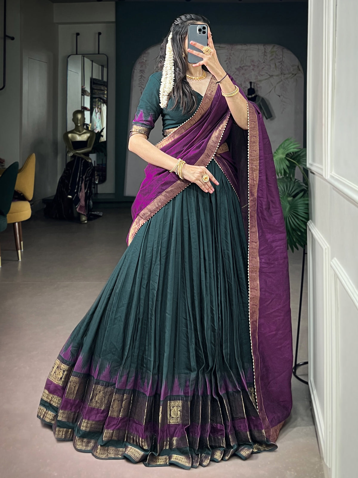 Marvelous Teal Green Zari Weaving Cotton Mehendi Wear Half Saree Lehenga