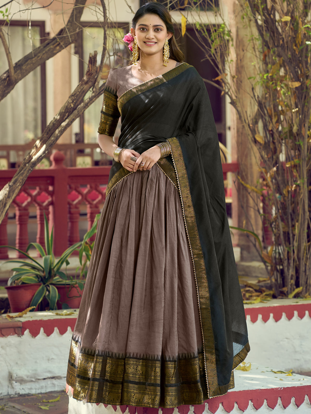 Alluring Brown Zari Woven Cotton Festive Wear Half Saree Lehenga
