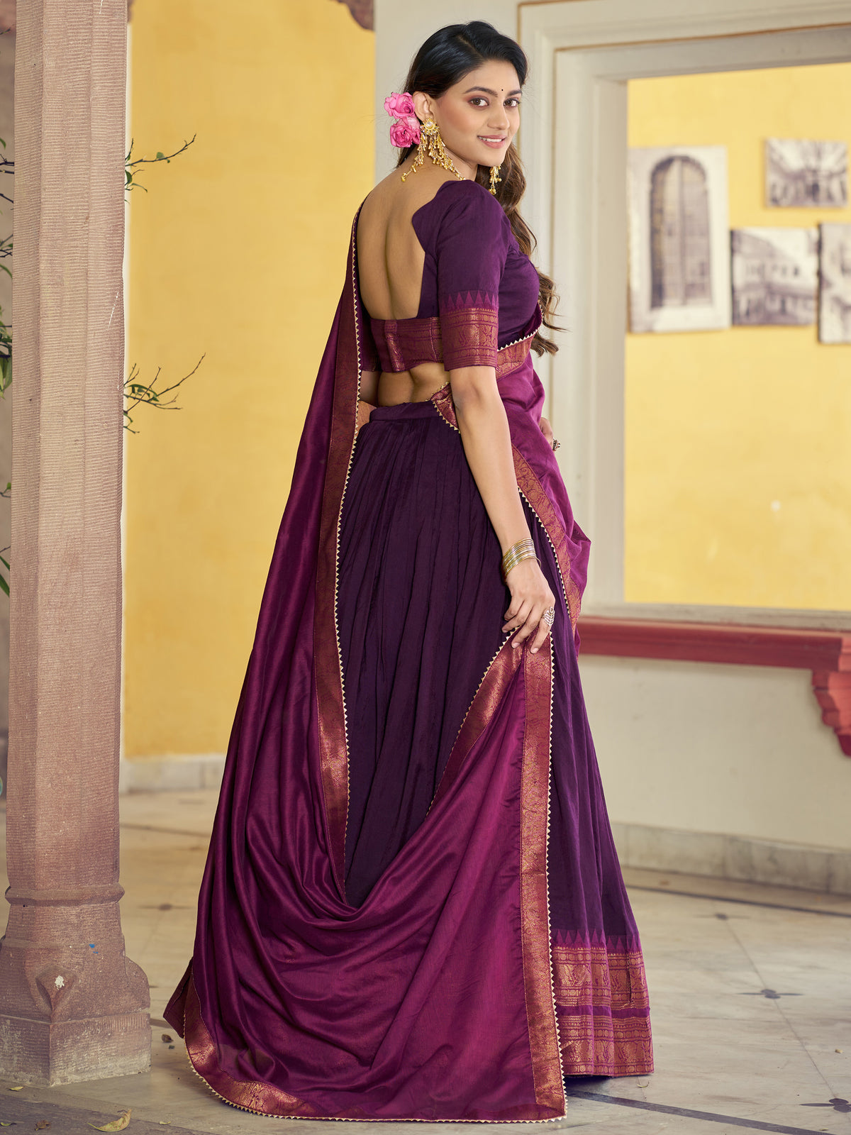 Remarkable Wine Zari Woven Cotton Event Wear Half Saree Lehenga