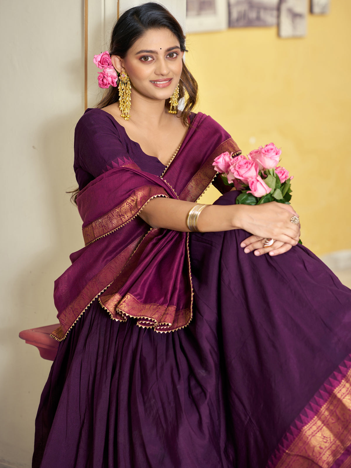 Remarkable Wine Zari Woven Cotton Event Wear Half Saree Lehenga