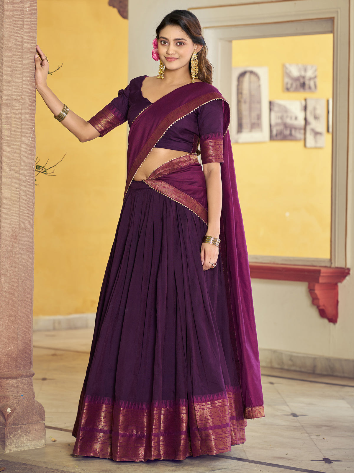 Remarkable Wine Zari Woven Cotton Event Wear Half Saree Lehenga