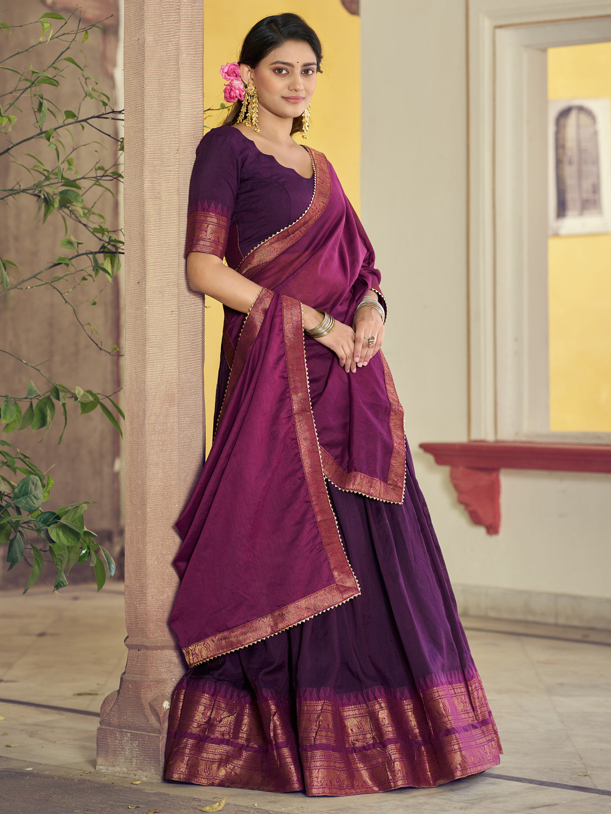 Remarkable Wine Zari Woven Cotton Event Wear Half Saree Lehenga