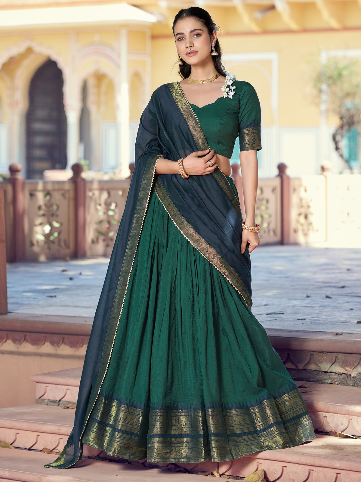 Great Bottle green Zari Woven Cotton Mehendi Wear Half Saree Lehenga