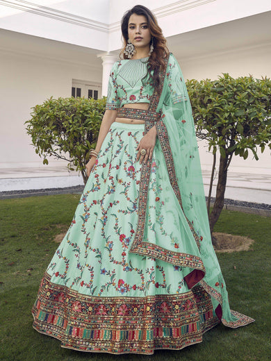 Spectacular Pista Green Thread Embroidered Silk Wedding Wear Lehenga Choli