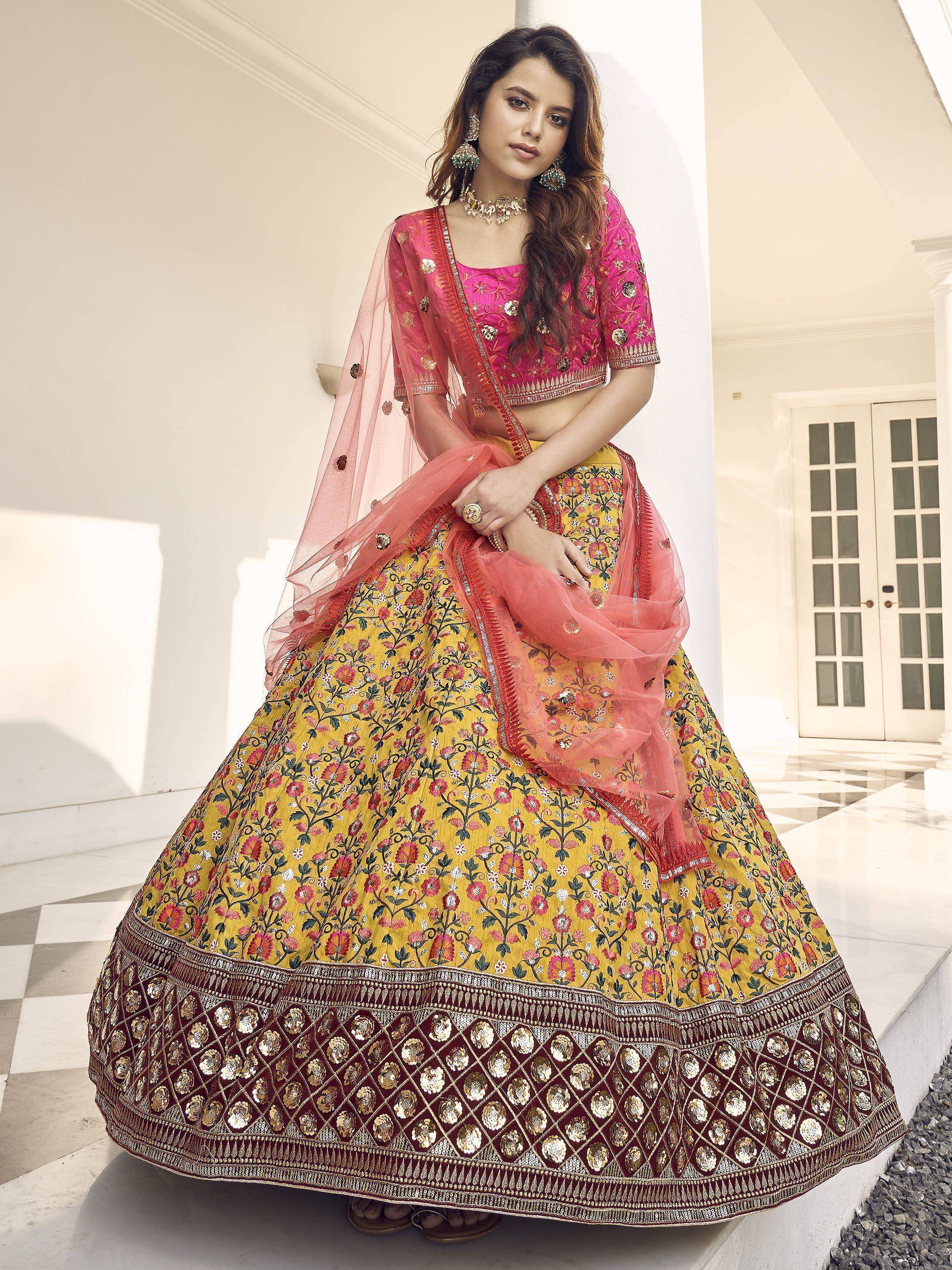Pink and yellow floral embroidered lehenga choli with dupatta, Indian ethnic wear for weddings