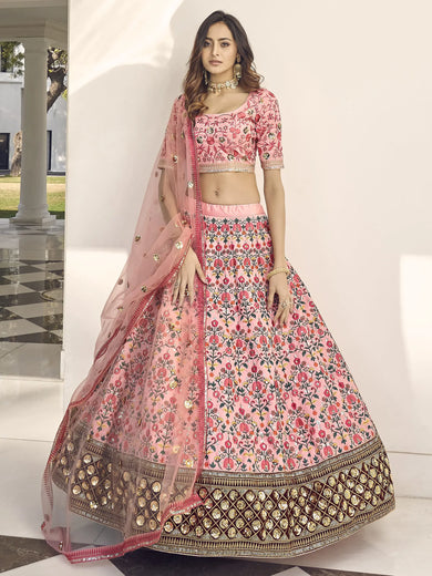 Enchanting Light Pink Sequins Embroidered Silk Wedding Wear Lehenga Choliv