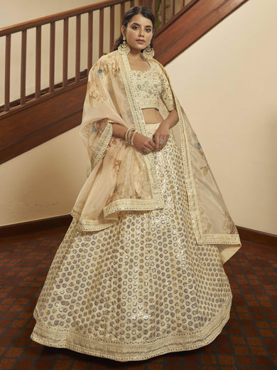Superior Beige Sequence Work Art Silk Party Wear Lehenga Choli