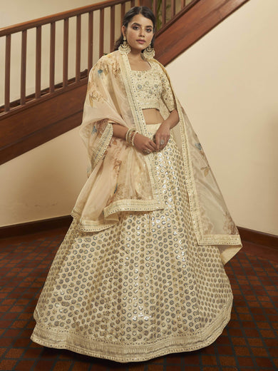 Superior Beige Sequence Work Art Silk Party Wear Lehenga Choli