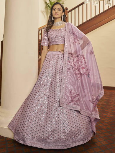 Outstanding Dusty Pink Sequence Work Art Silk Party Wear Lehenga Choli