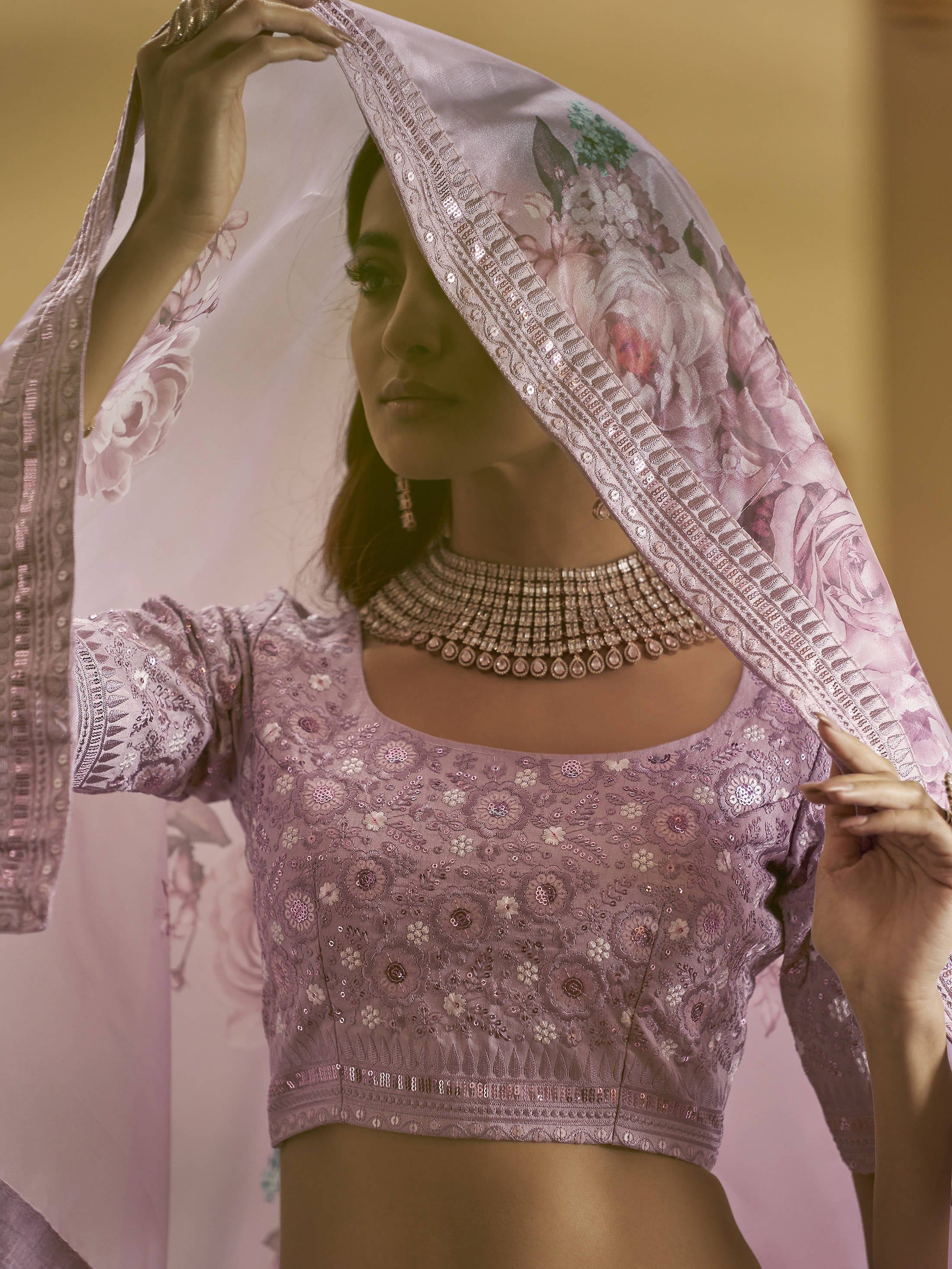 Outstanding Dusty Pink Sequence Work Art Silk Party Wear Lehenga Choli