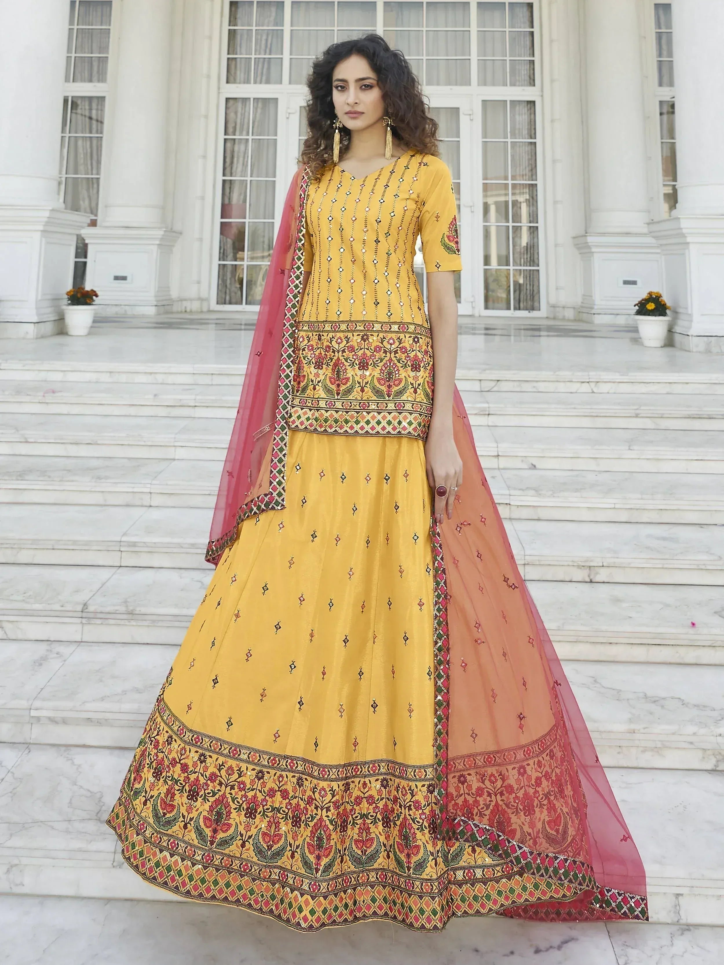 Yellow embroidered lehenga choli with pink dupatta, Indian ethnic wear for women