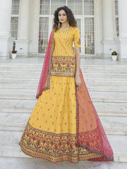 Brilliant Yellow Gota Patti Floral Chinon Long Top With Lehenga