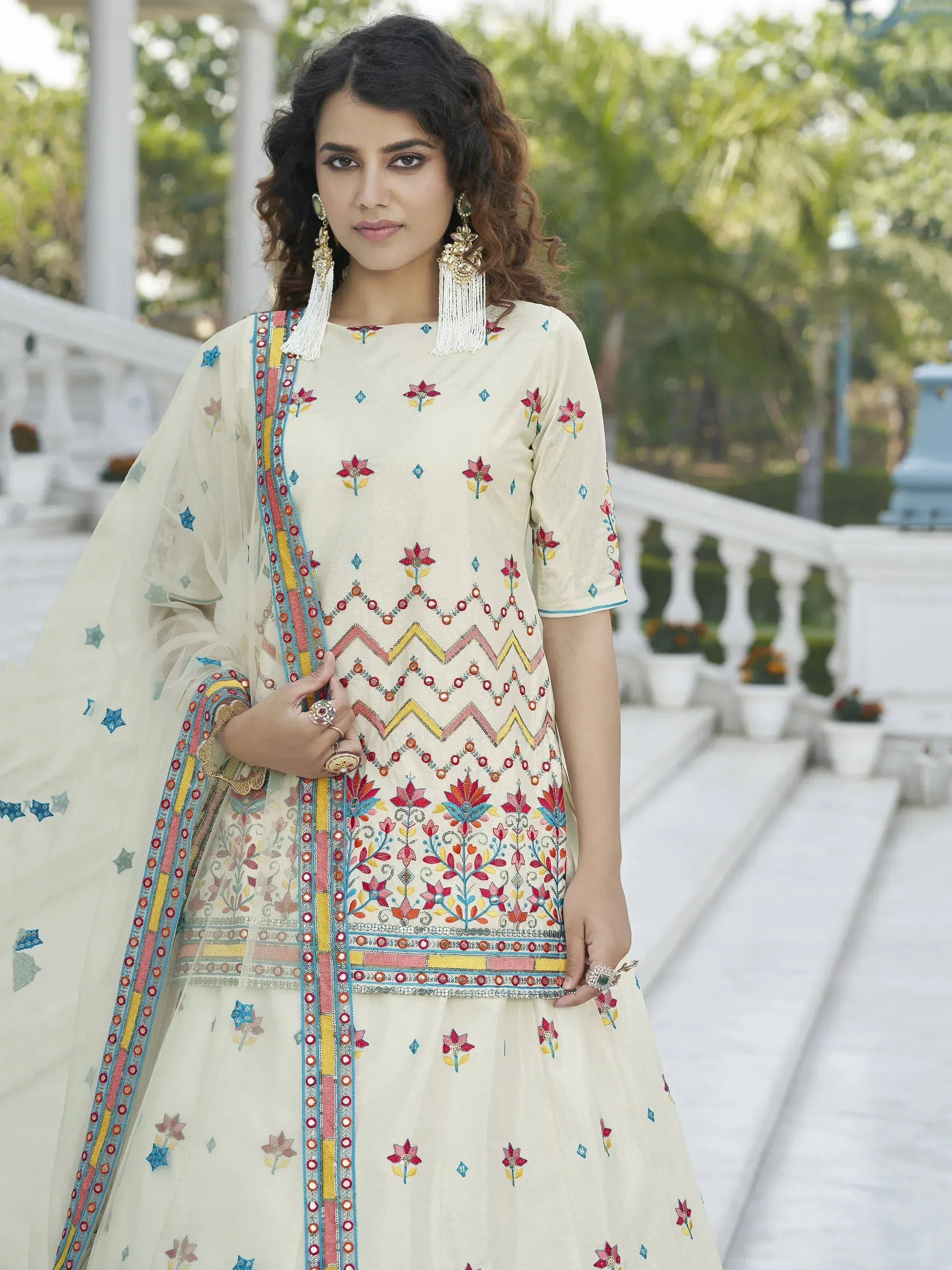 Dazzling Beige Gotta Patti Chinnon Rajasthani Lehenga With Long Choli