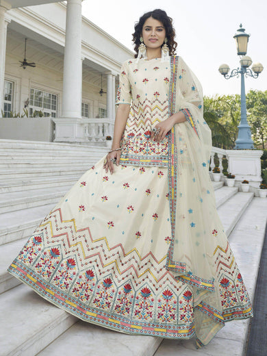 Dazzling Beige Gotta Patti Chinnon Rajasthani Lehenga With Long Choli