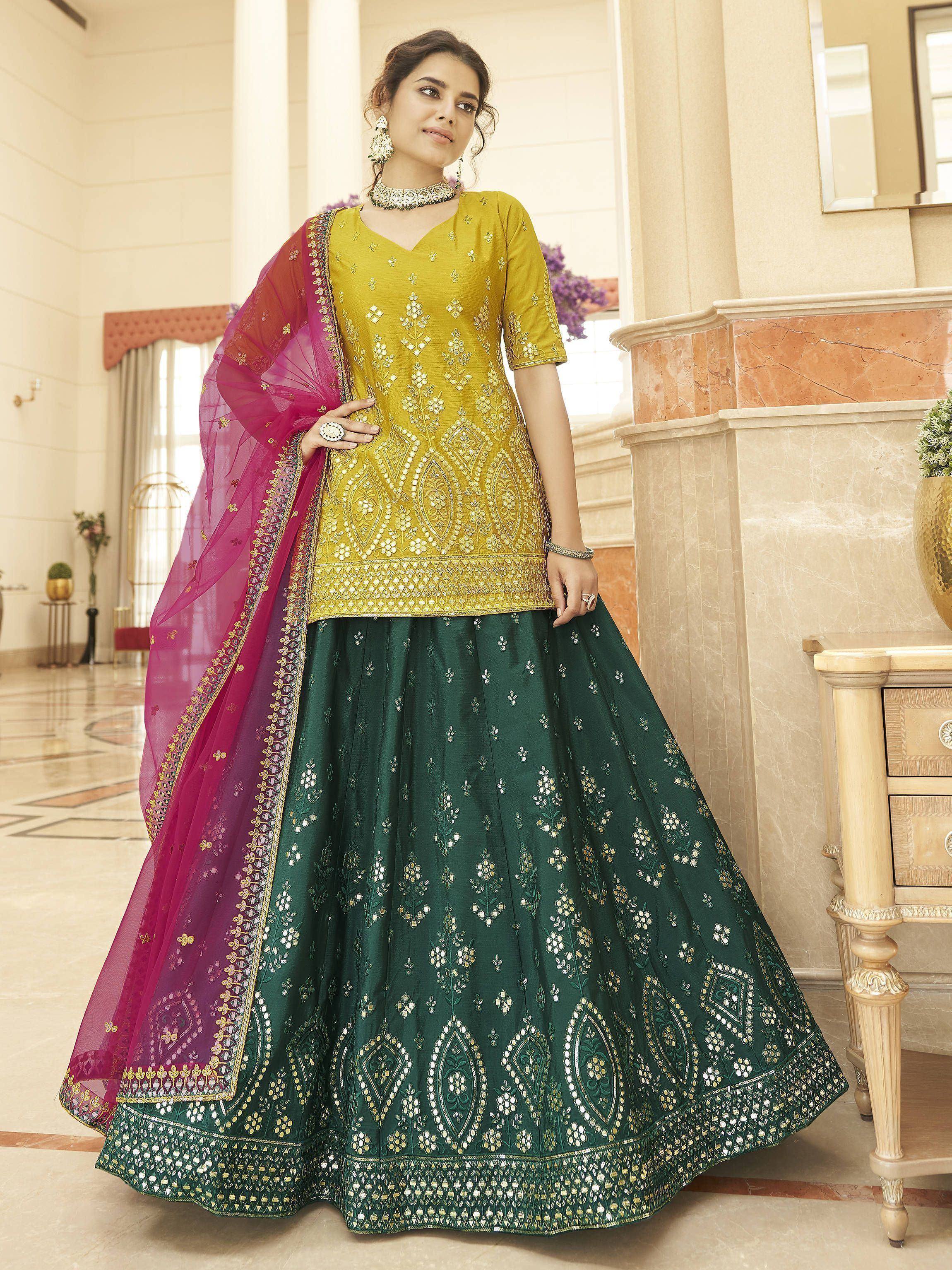 Yellow and green embroidered lehenga choli with pink dupatta, Indian ethnic wear for women