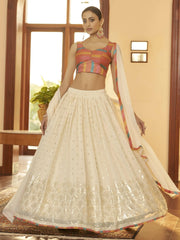Stunning Beige Mukaish Work Georgette Party Wear Lehenga Choli