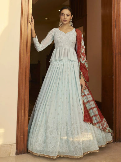 Pleasant Sky Blue Mukaish Work Georgette Party Wear Lehenga Choli