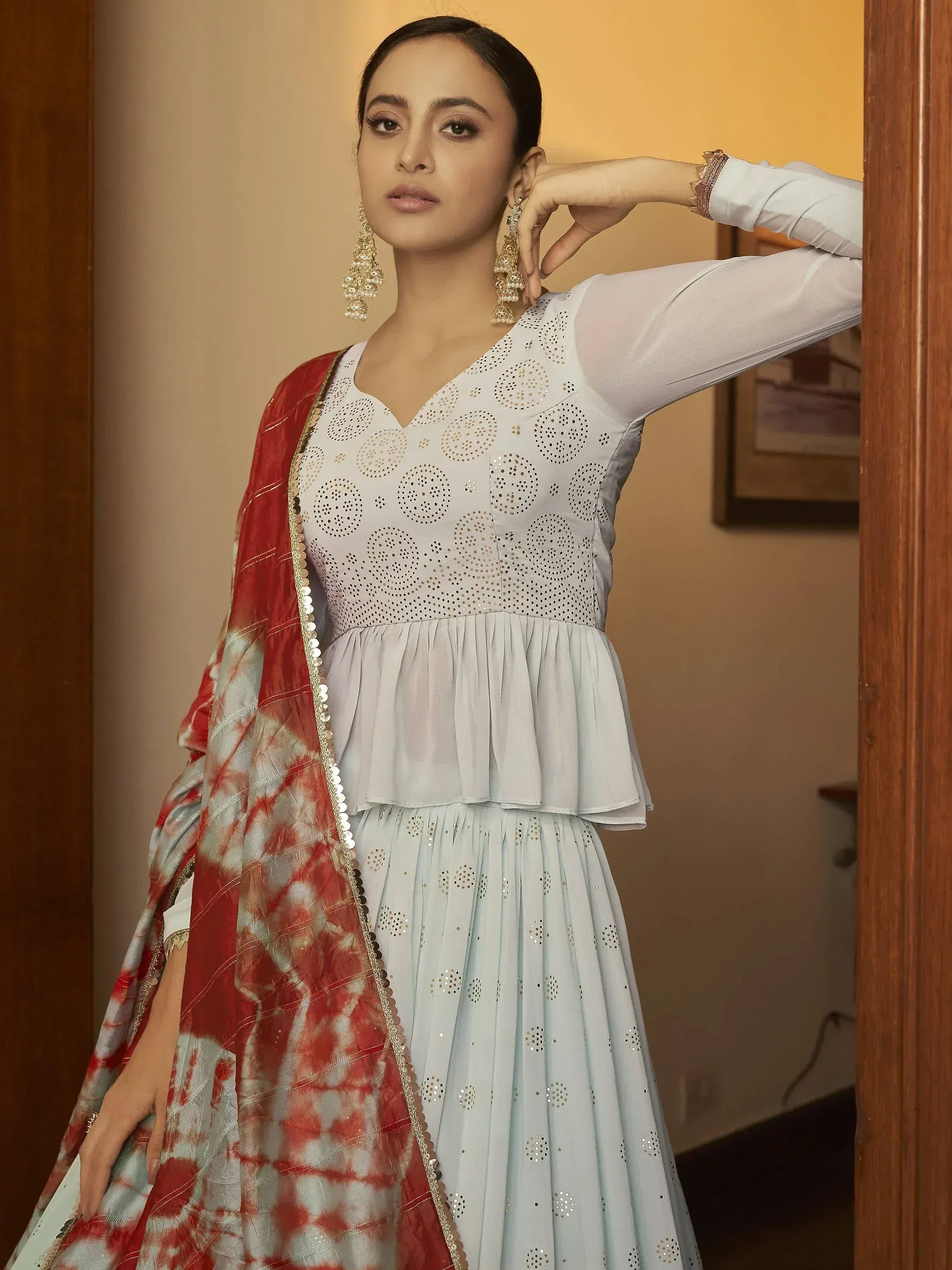 Pleasant Sky Blue Mukaish Work Georgette Party Wear Lehenga Choli